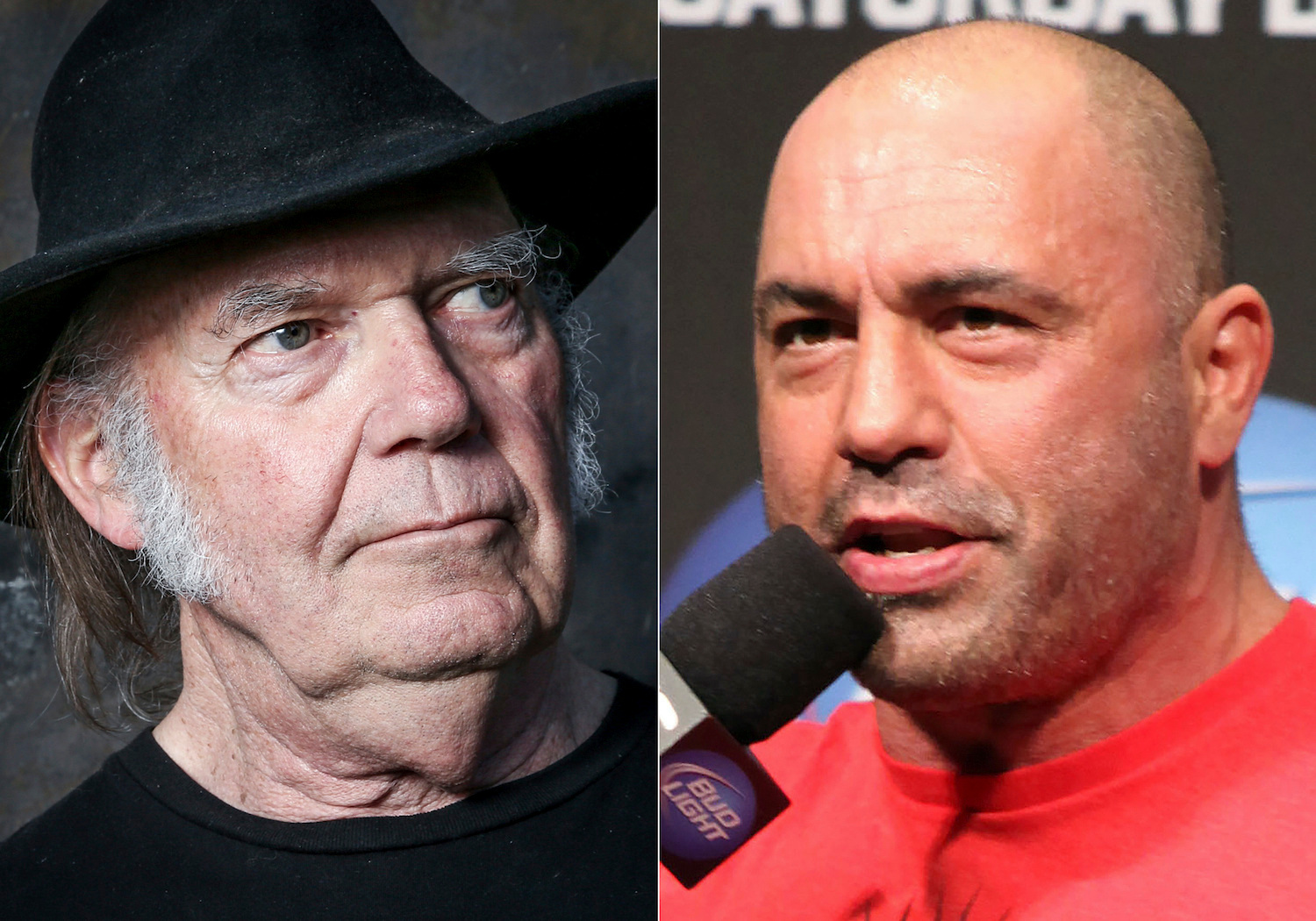 This combination photo shows Neil Young and UFC announcer and podcaster Joe Rogan. Photo / AP