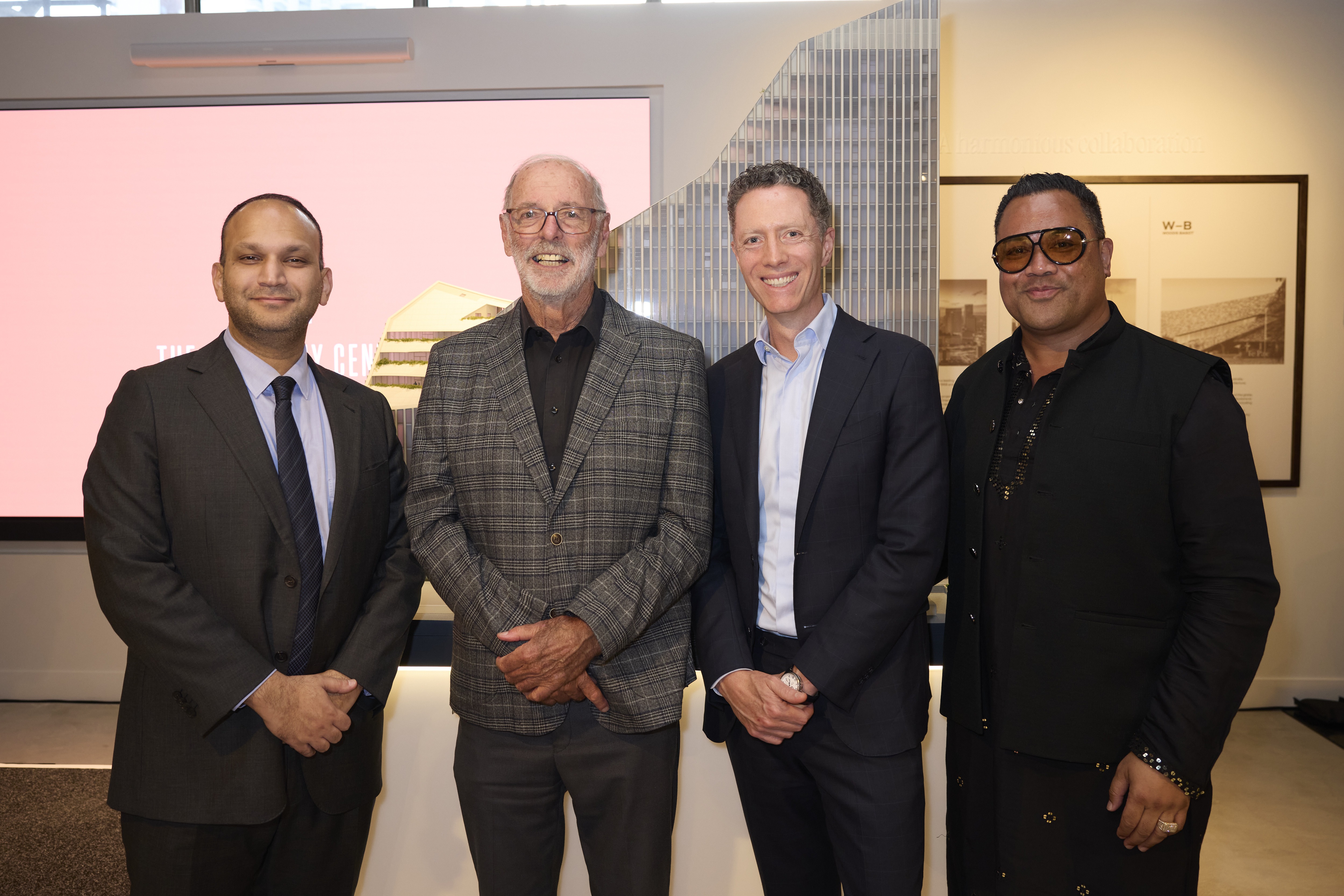 Datuk Imran Salim (from left), Auckland Mayor Wayne Brown, Cristean Monreal and Jack Bourke in the Symphony show suite in Bledisloe House in March. Photo / Anupam Singh