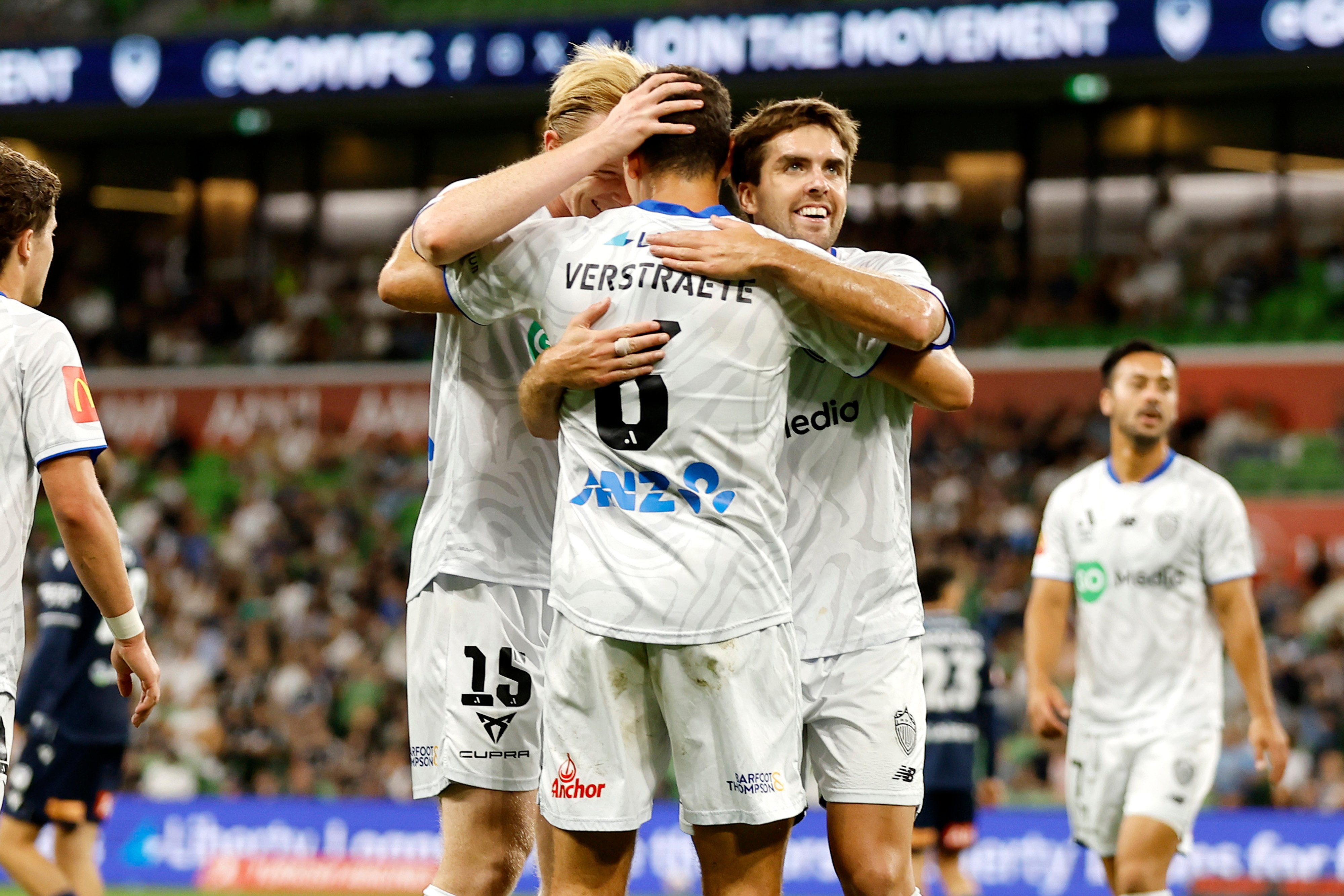 Louis Verstraete of Auckland FC celebrates a goal against the Melbourne Victory with his teammates. Photo / Photosport