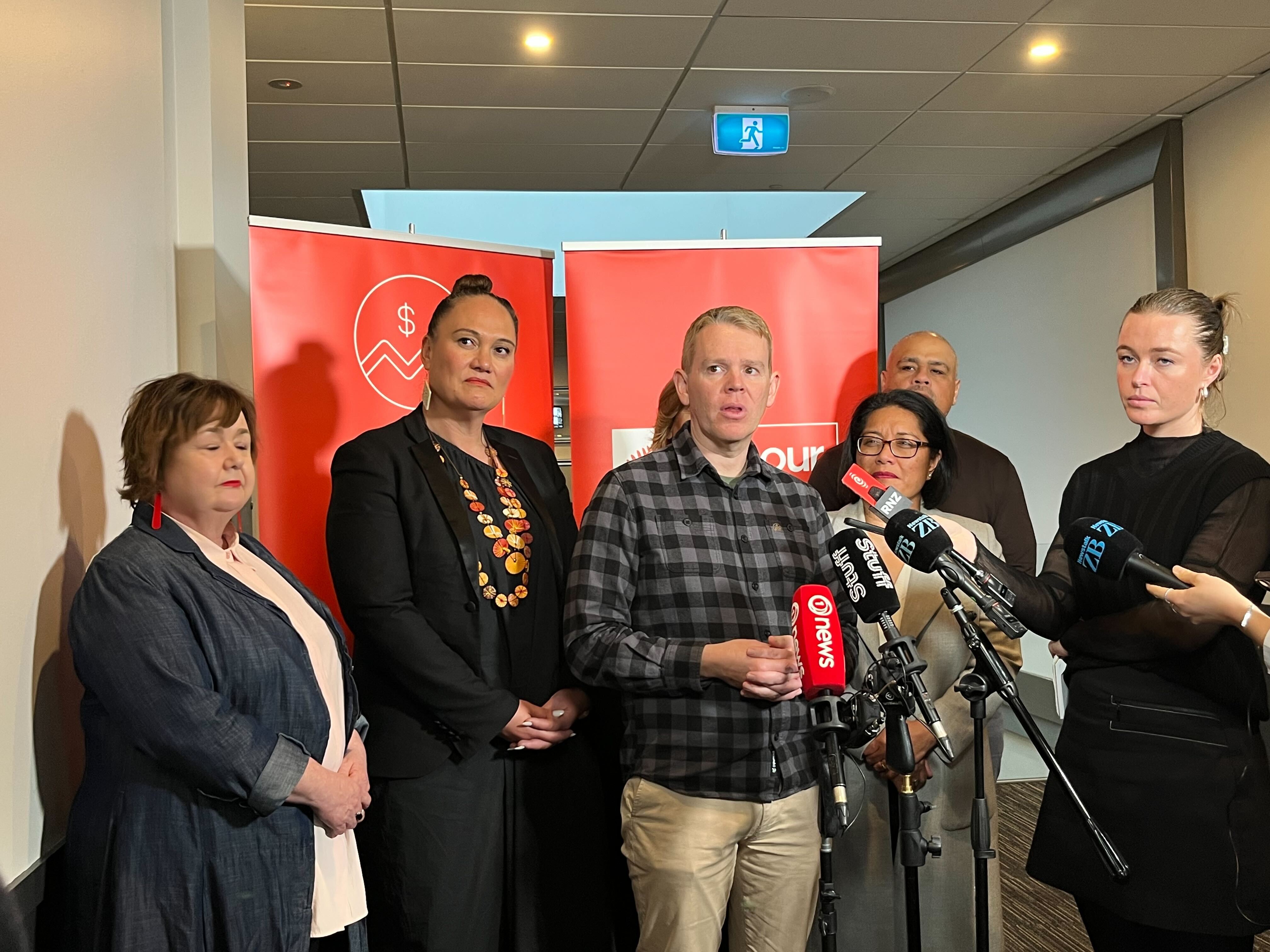 The Labour Party, led by Chris Hipkins (centre), fronted questions at its caucus retreat on Friday. Photo / Jazlyn Whales