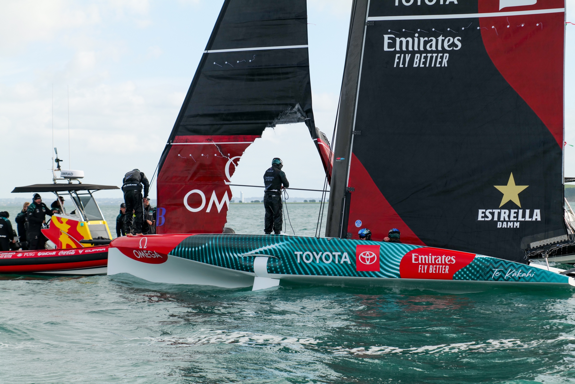 The jib was damaged on the AC40 being sailed by members of Team New Zealand's Youth and Women's America's Cup teams. Photo / Sam Thom, America's Cup