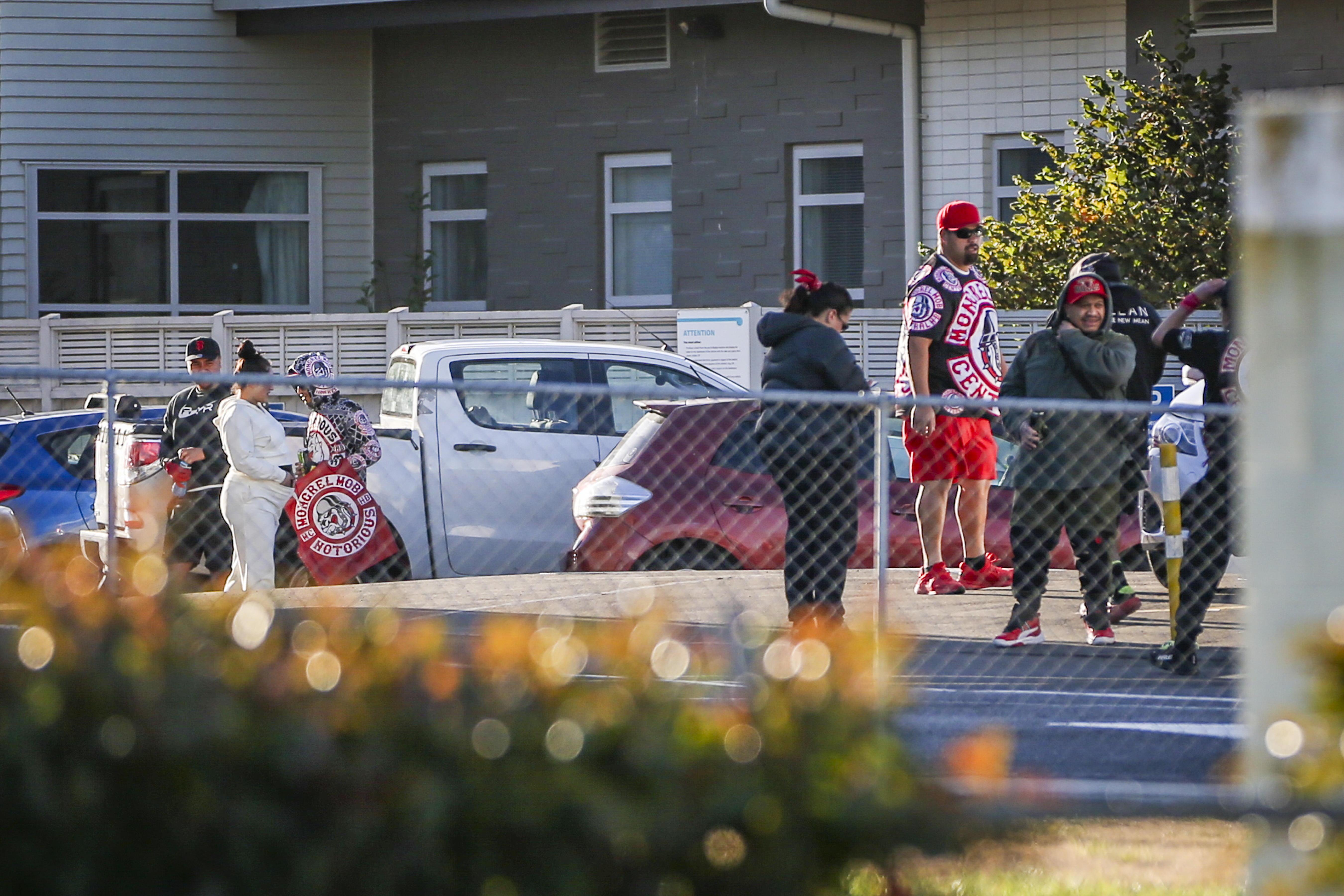 Patched Mongrel Mob members outside Hawke's Bay Hospital on Thursday morning. Photo / Paul Taylor