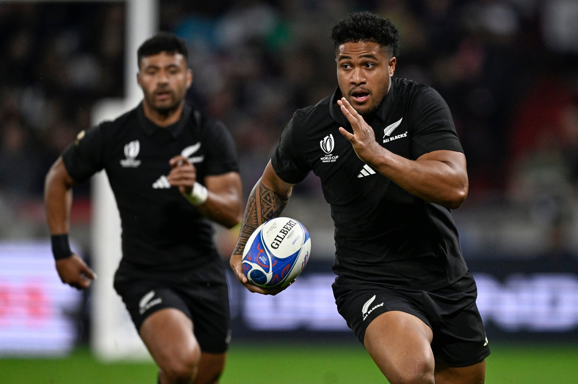 Leicester Fainga'anuku on the charge for the All Blacks at the 2023 Rugby World Cup, in France. Photo / Photosport