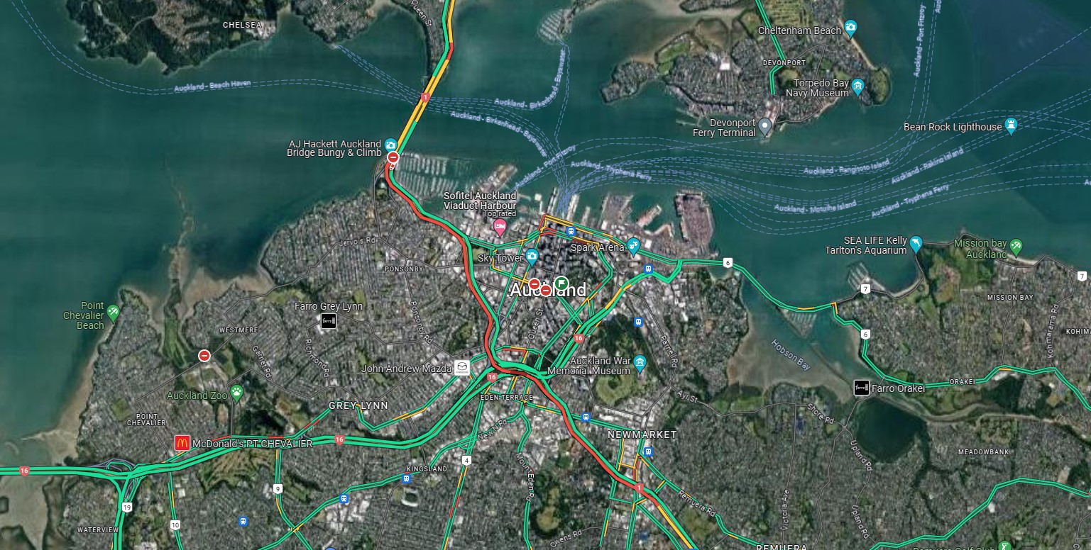 Heavy traffic has built up before the Auckland Harbour Bridge on the Southern Motorway.