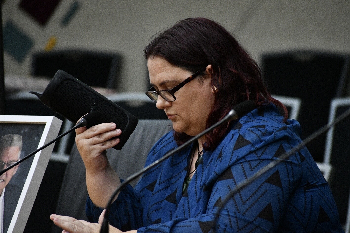 Elizabeth Sturt played an audio clip of her late father, former councillor Charles Sturt, in Rotorua Lakes Council chambers. Photo / Laura Smith
