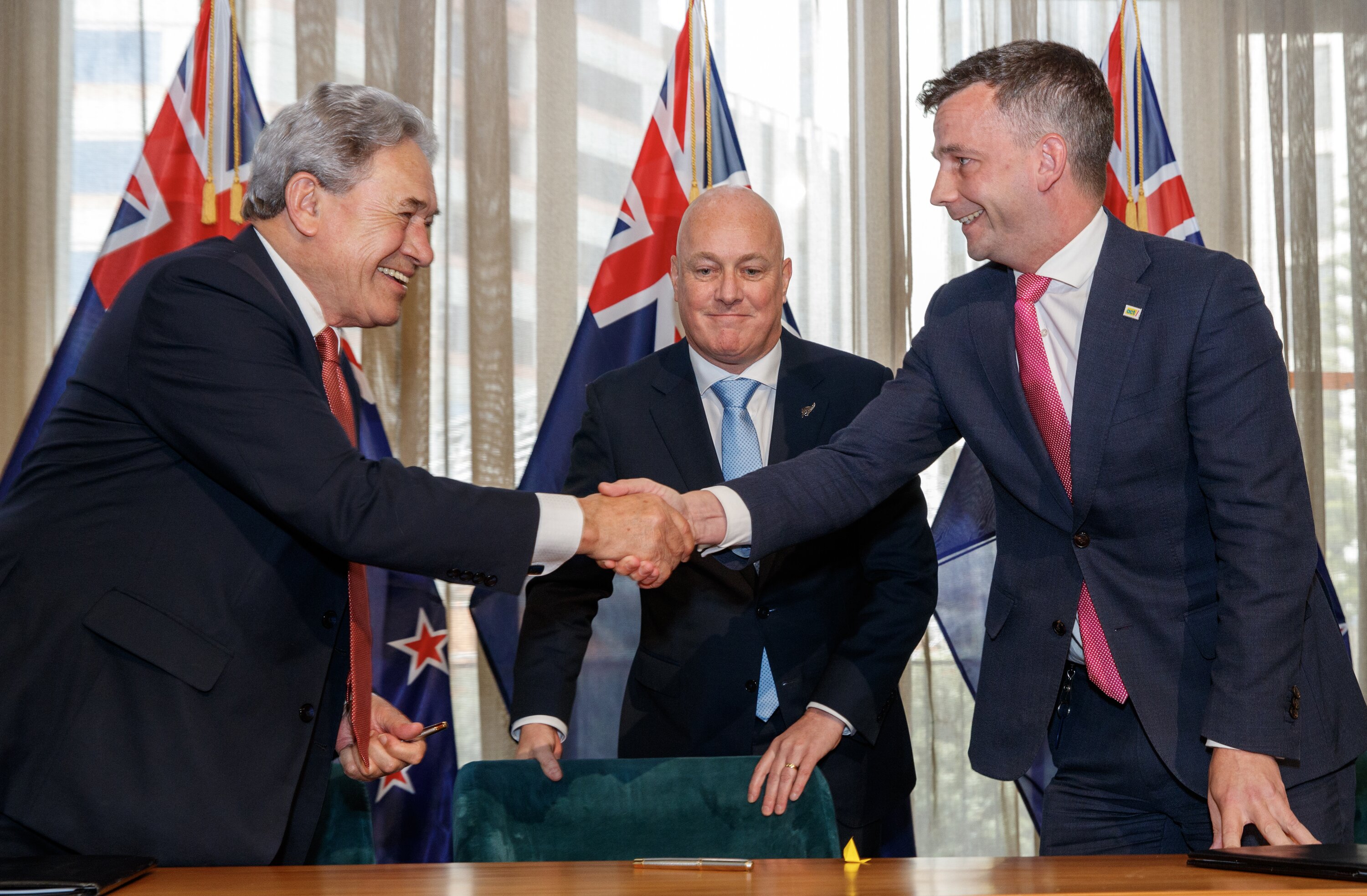 National leader Christopher Luxon, Act leader David Seymour, and NZ First leader Winston Peters. Photo / Mark Mitchell