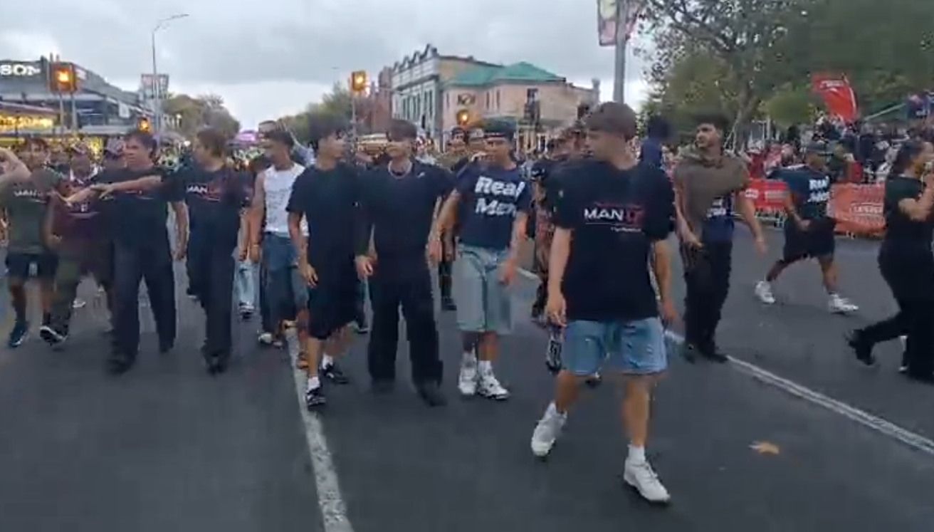 Destiny Church members walk down Ponsonby Rd as they protest tonight's Auckland Rainbow Parade. 