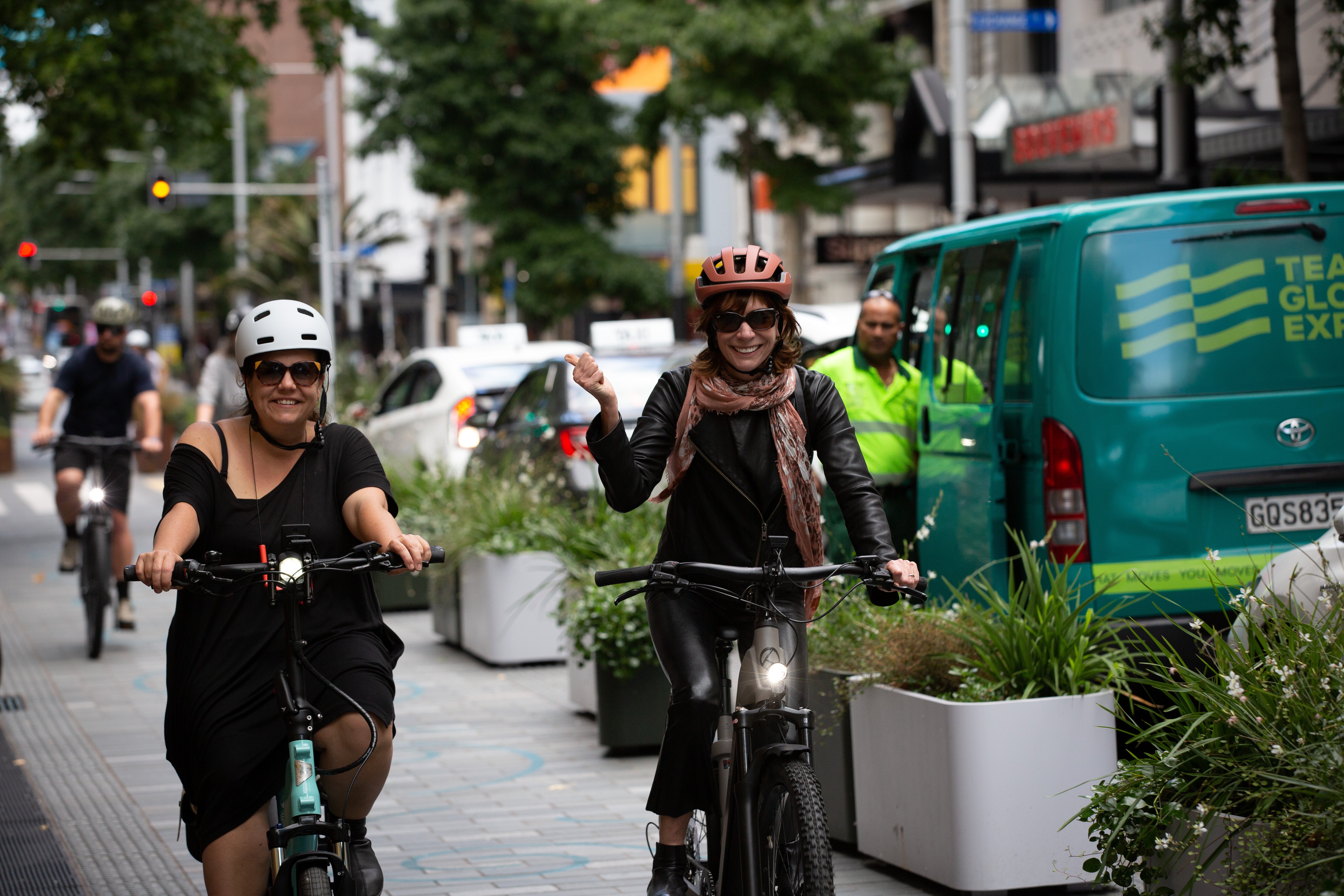 Janette Sadik-Khan (right) riding a bike on Quay St in Auckland last month with New Zealand cycling advocate Skye Duncan. Photo / Sylvie Whinray