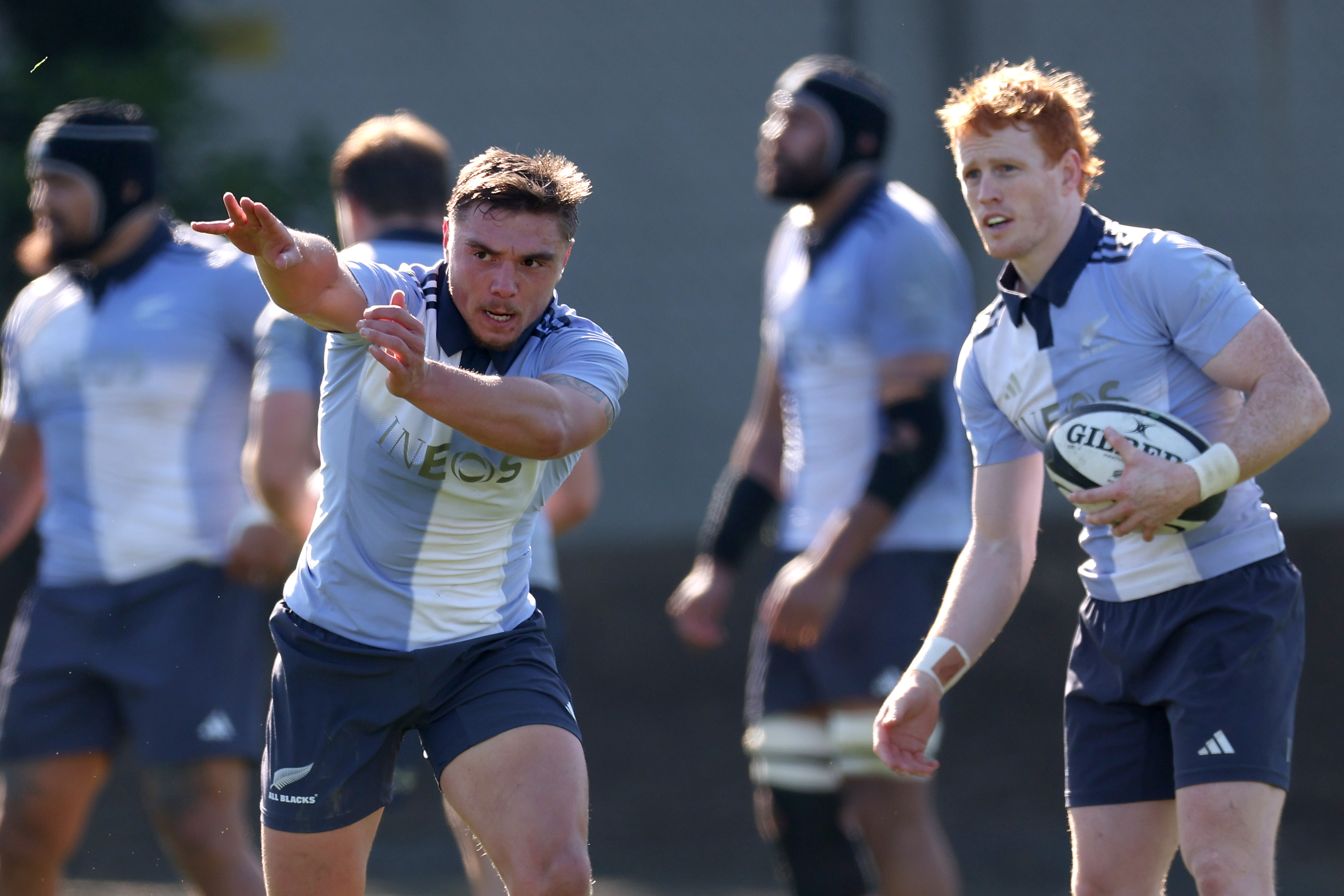 Cortez Ratima (left) and Finlay Christie at All Blacks training. Photo / Getty Images