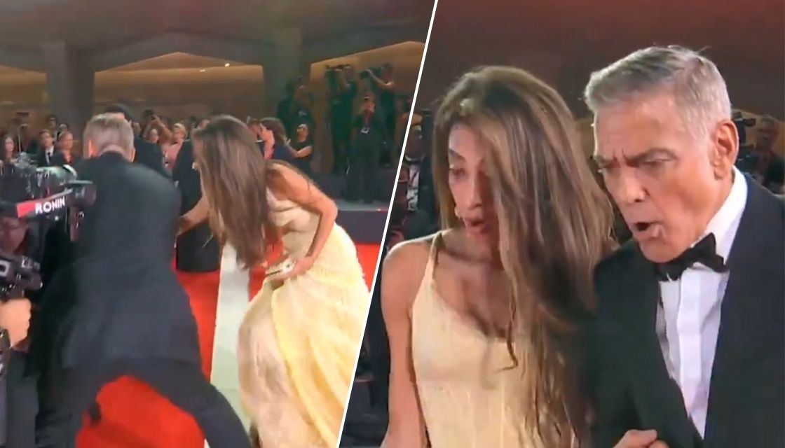 George and Amal Clooney were quick to offer a helping hand after a photographer took a tumble on the red carpet. Photo / Screengrabs, @filmser