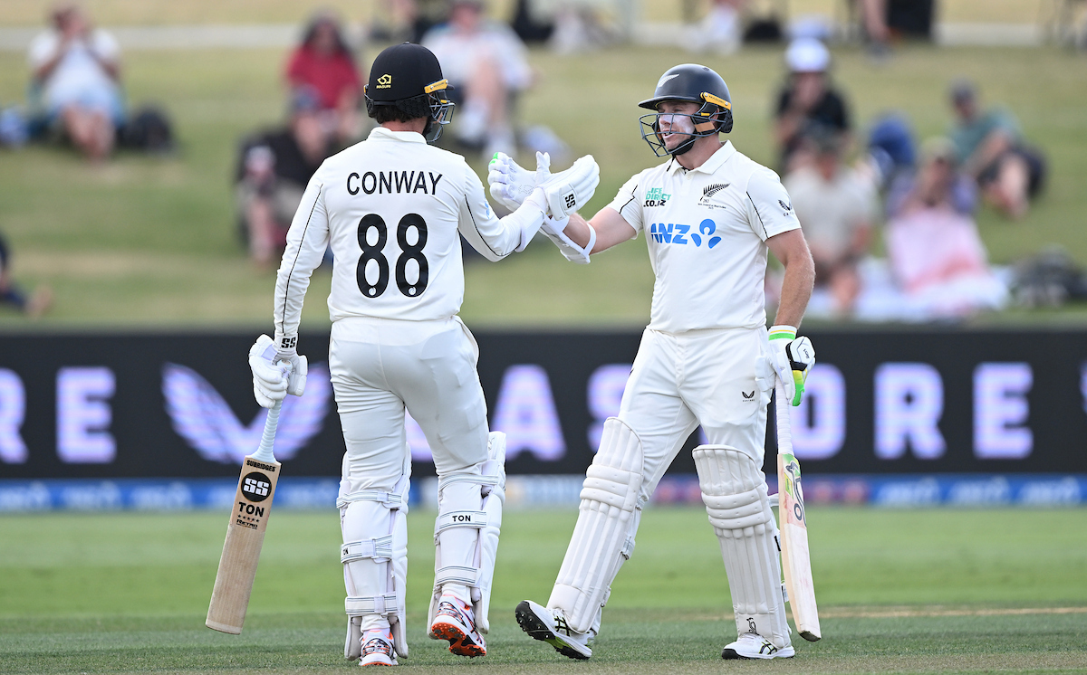Devon Conway and Tom Latham celebrate raising their 200-run stand against the West Indies. Photo / Photosport