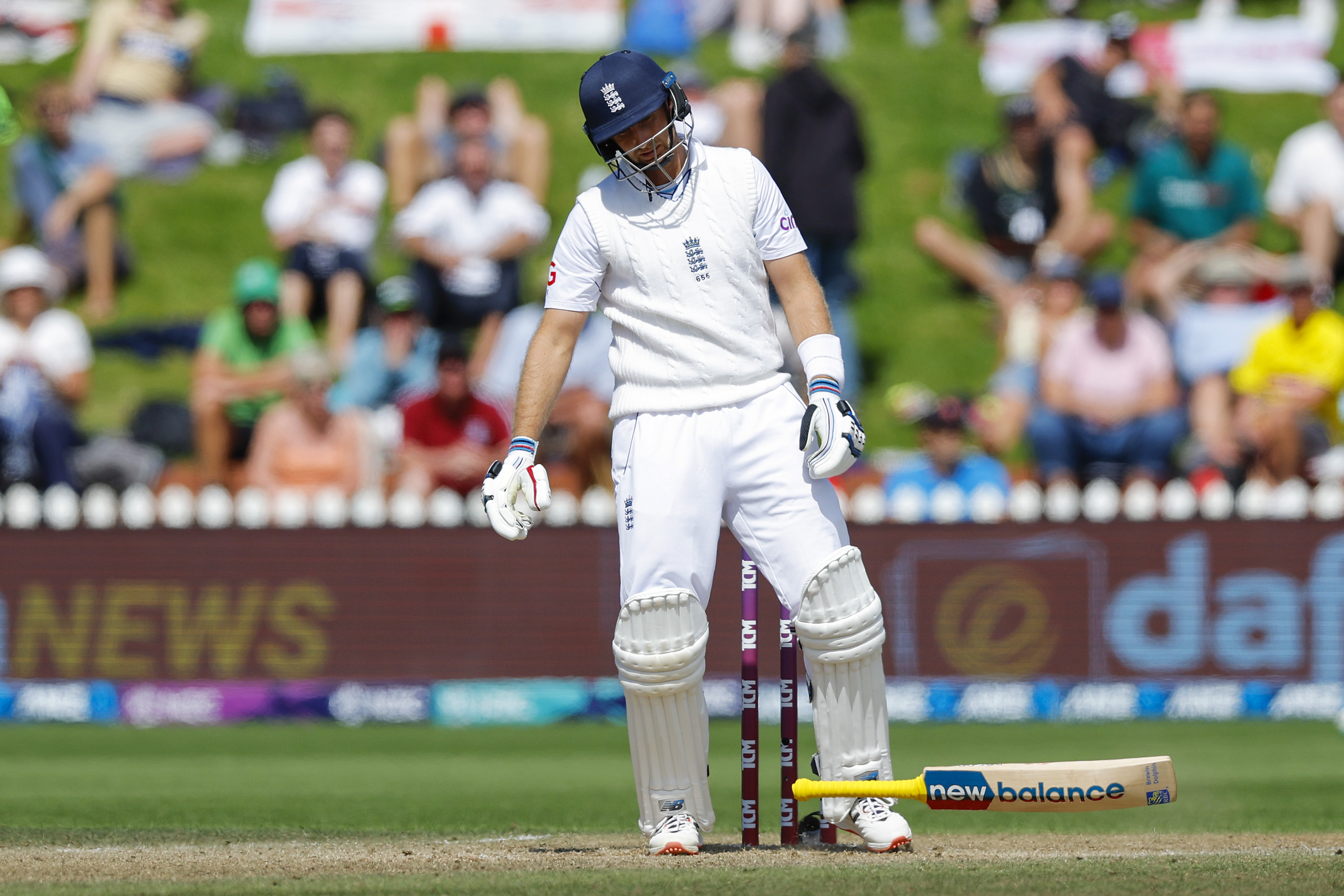 Joe Root, of England, drops his bat in disappointment after being dismissed at the Basin Reserve. Photo / Getty Images