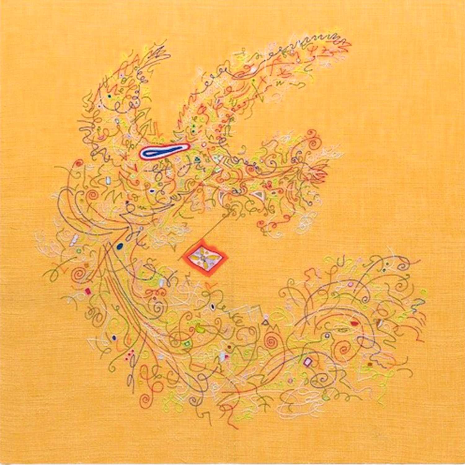 The Thirtybird, 2022. Cotton embroidery on handwoven silk cotton. 1050mm  x 1050mm. Photo / Courtesy the artist and Tim Melville Gallery
