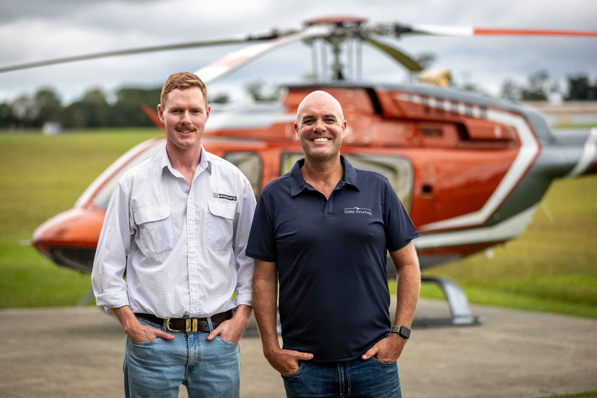 Ollie Rogers of Oz Choppers and Lachlan Jones, Core Aviation director, at North Shore Airport. Photo / Michael Craig