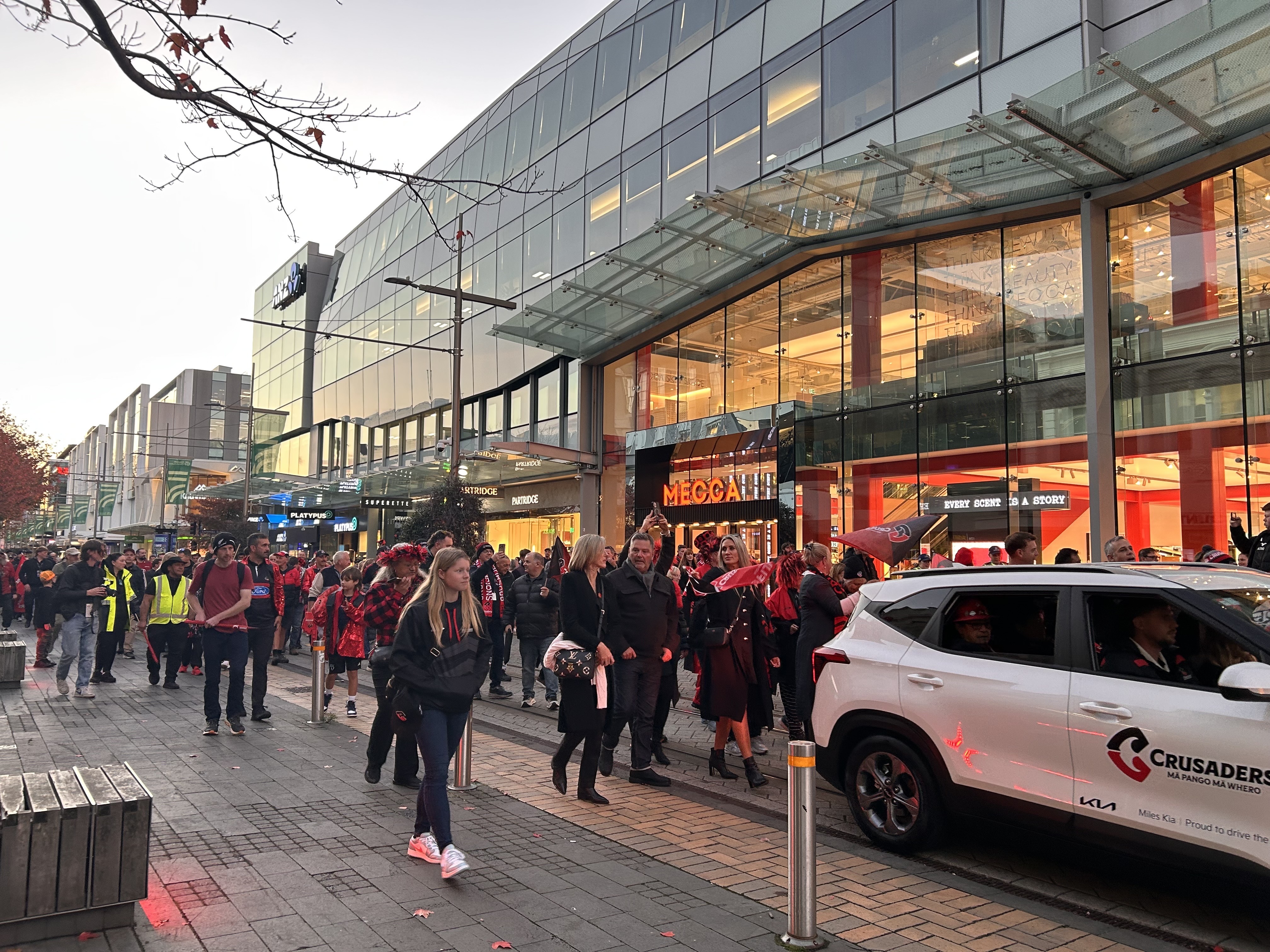 The walk from the Bridge of Remembrance to One NZ Stadium, led by Crusaders alumni. Photo / Mike Thorpe
