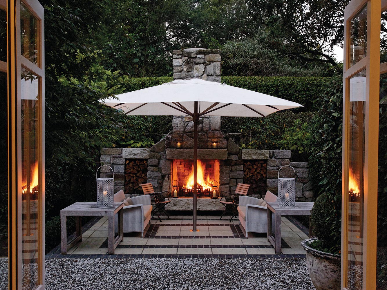 The luxurious outdoor fireplace at Huka Lodge. Picture / Supplied