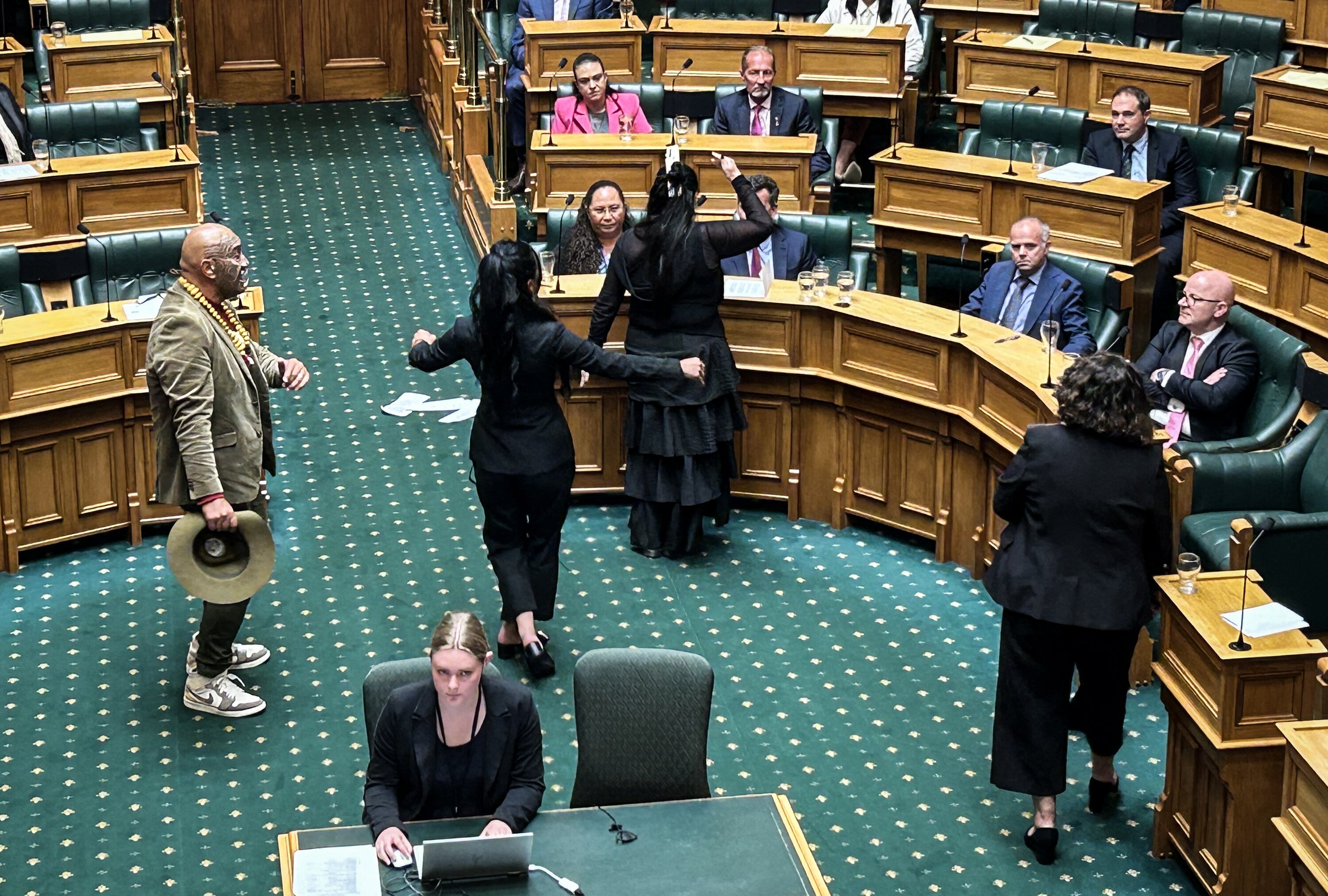 Te Pāti Māori perform a haka in front of ACT leader David Seymour during the first reading of the Treaty Principles Bill in Parliament. Photo / Adam Pearse