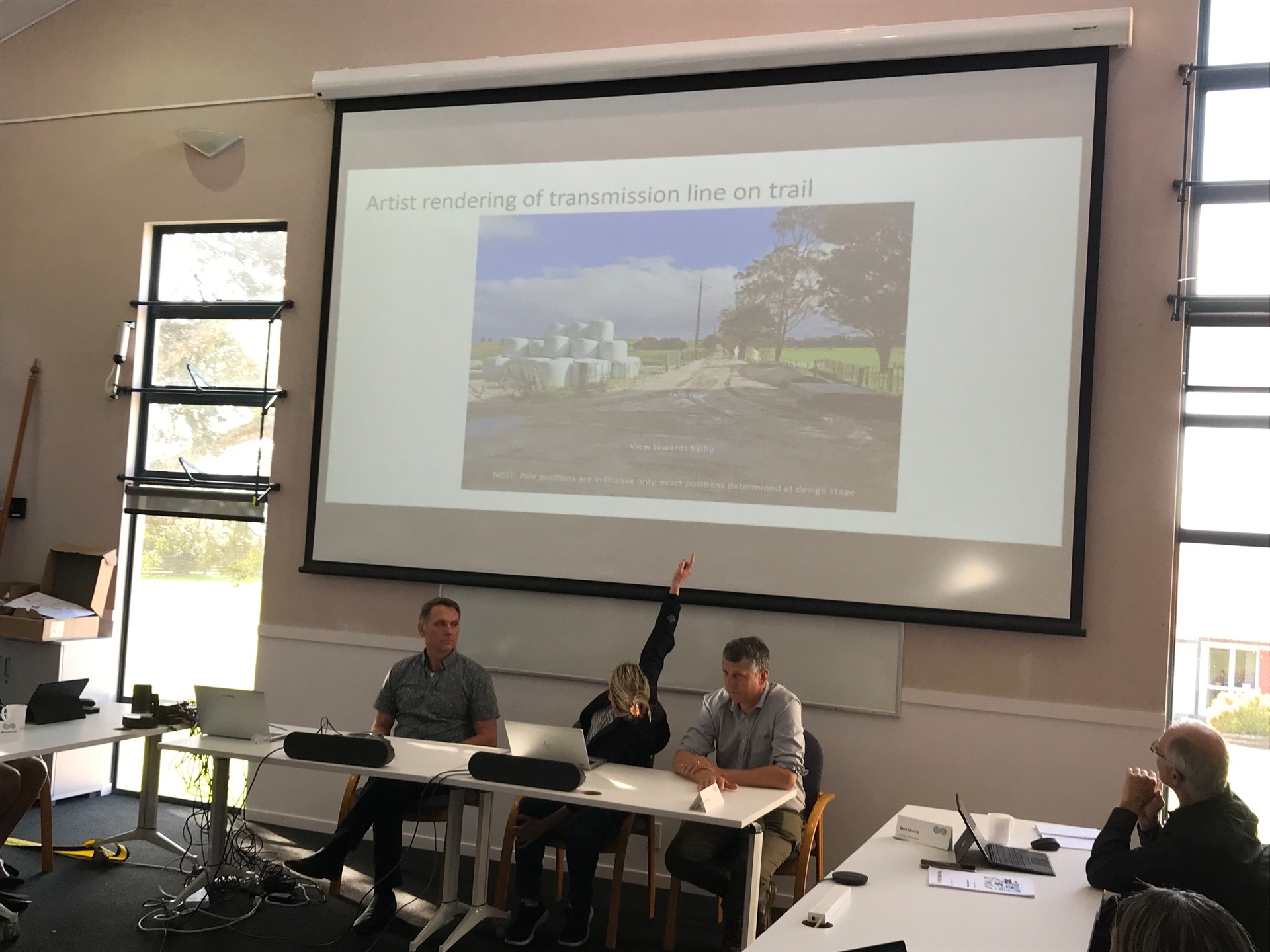 An artist's impression of the rail trail with high voltage power lines shown as part of a presentation at this week's KDC meeting by Meridian Kaiwaikwae project leaders. Photo / Susan Botting