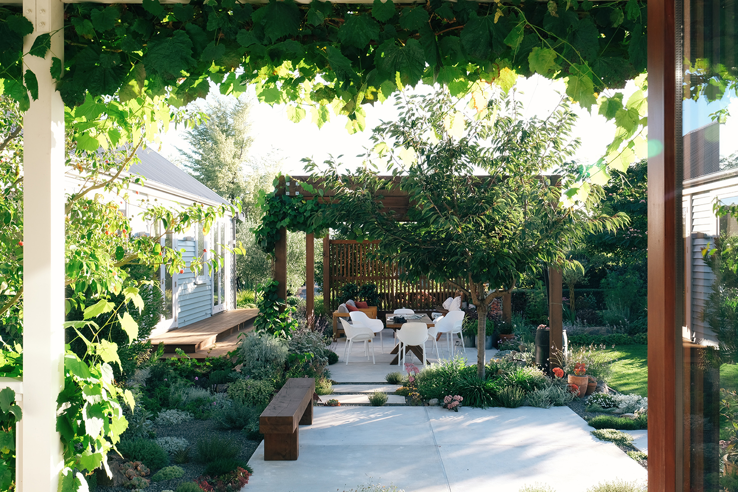 Late-afternoon light drifting through the pergola and patio. Photo / Julia Atkinson-Dunn