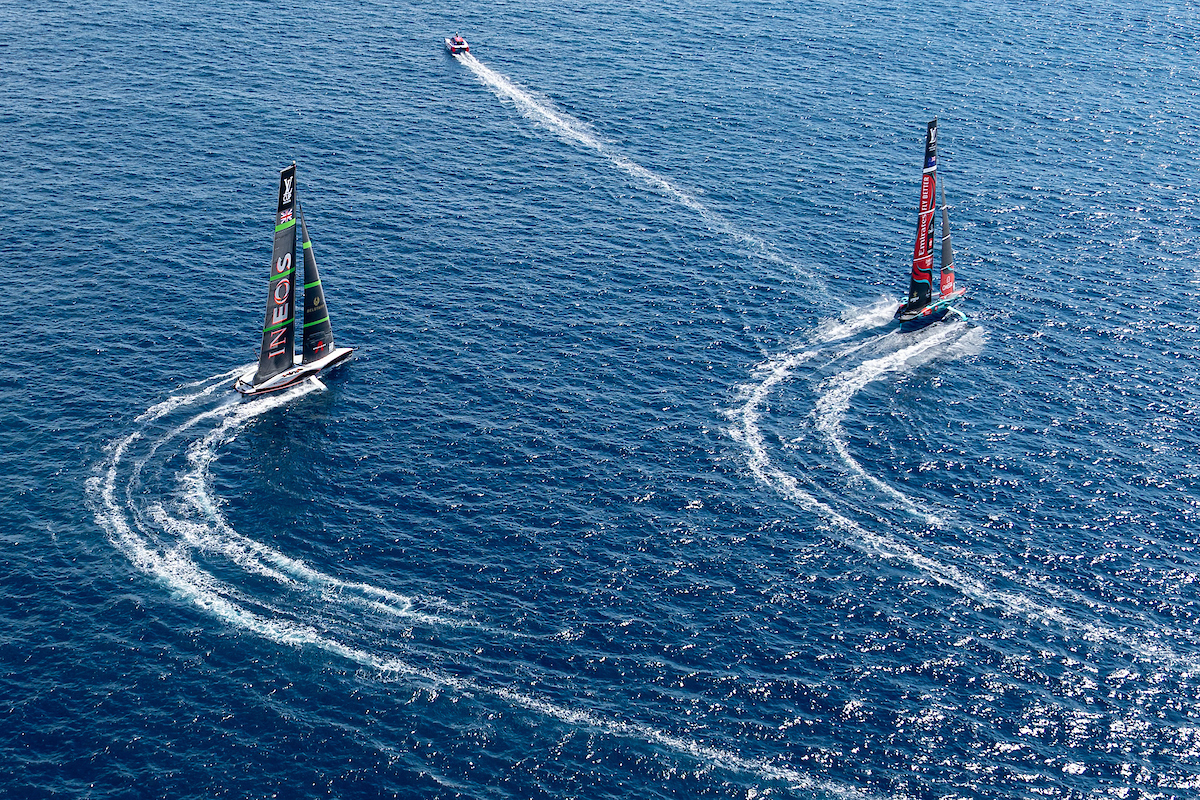 Emirates Team New Zealand and Ineos Britannia square off in the America's Cup match. Photo / Photosport