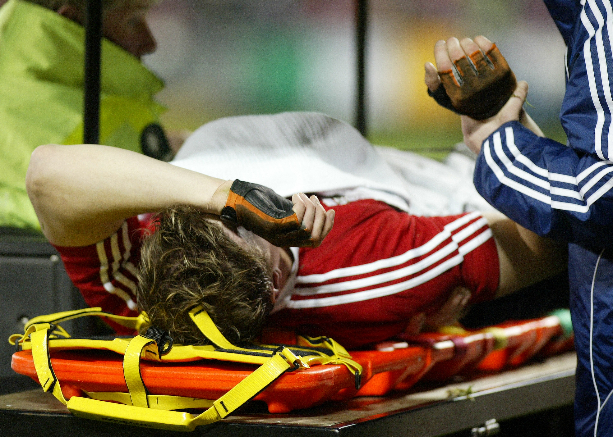 Lions captain Brian O'Driscoll leaves the field injured during the first test in 2005. Photo / Brett Phibbs