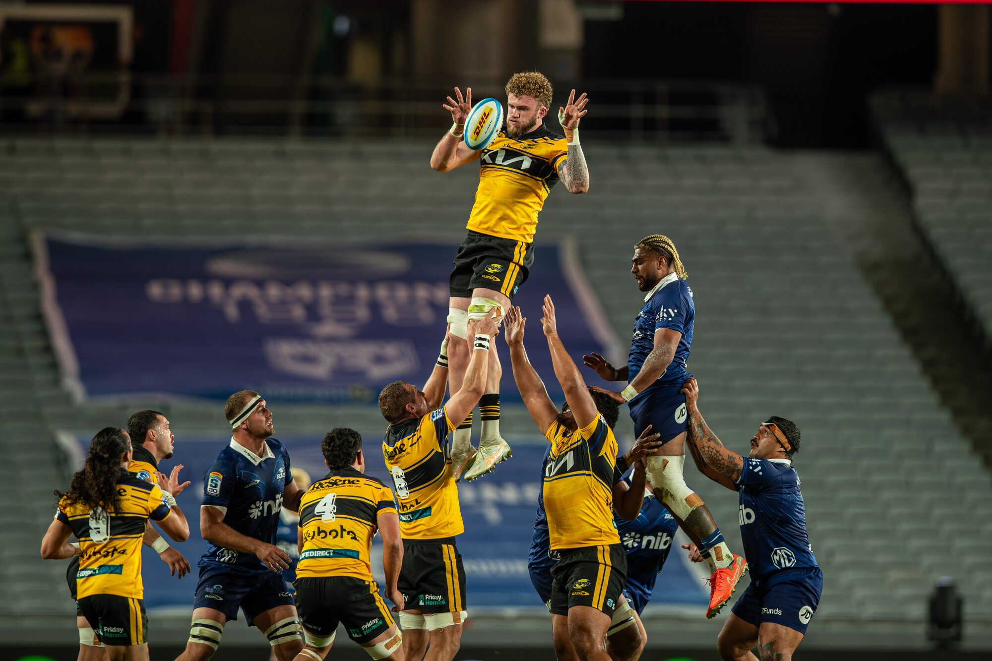Hurricanes lock Warner Dearns scored the first try of the night. Photo / Alyse Wright
