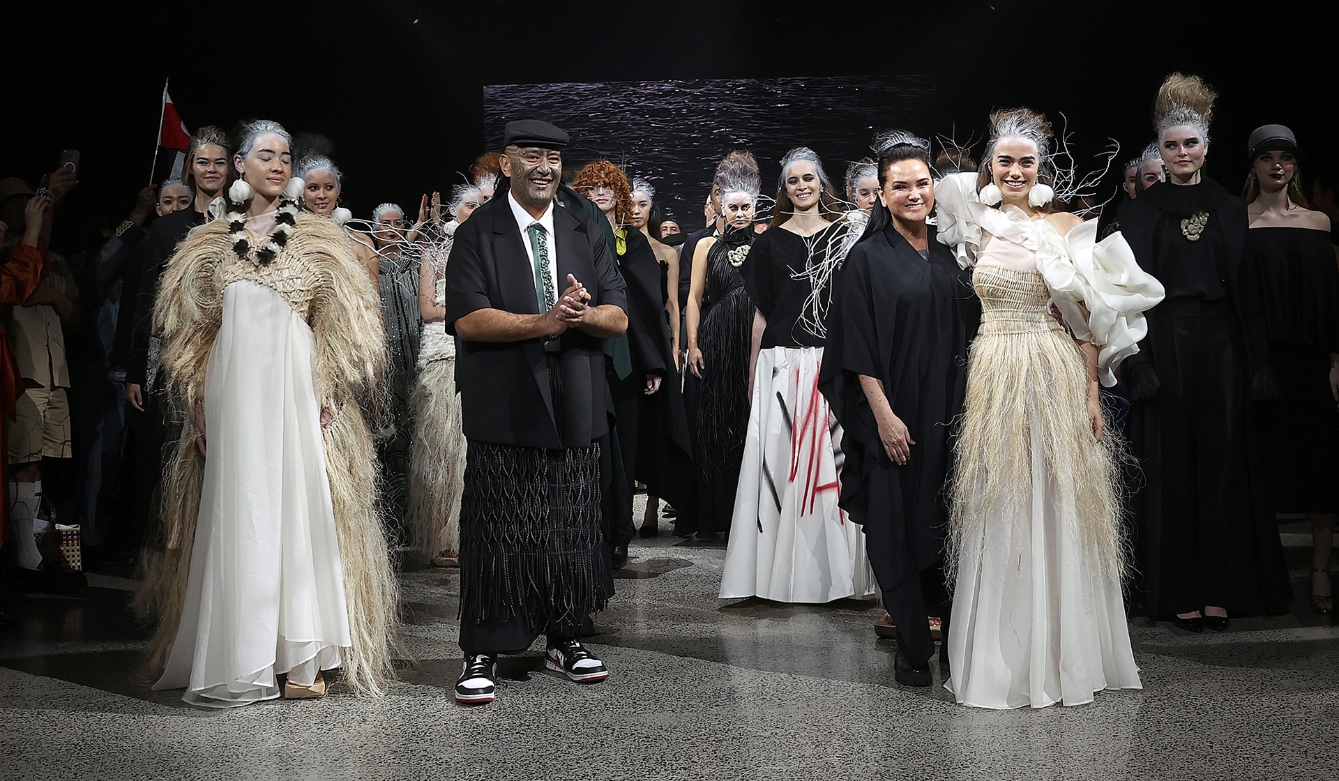 Rawiri Waititi on the runway of Kiri Nathan’s show at New Zealand Fashion Week Kahuria 2023. Photo / Getty Images