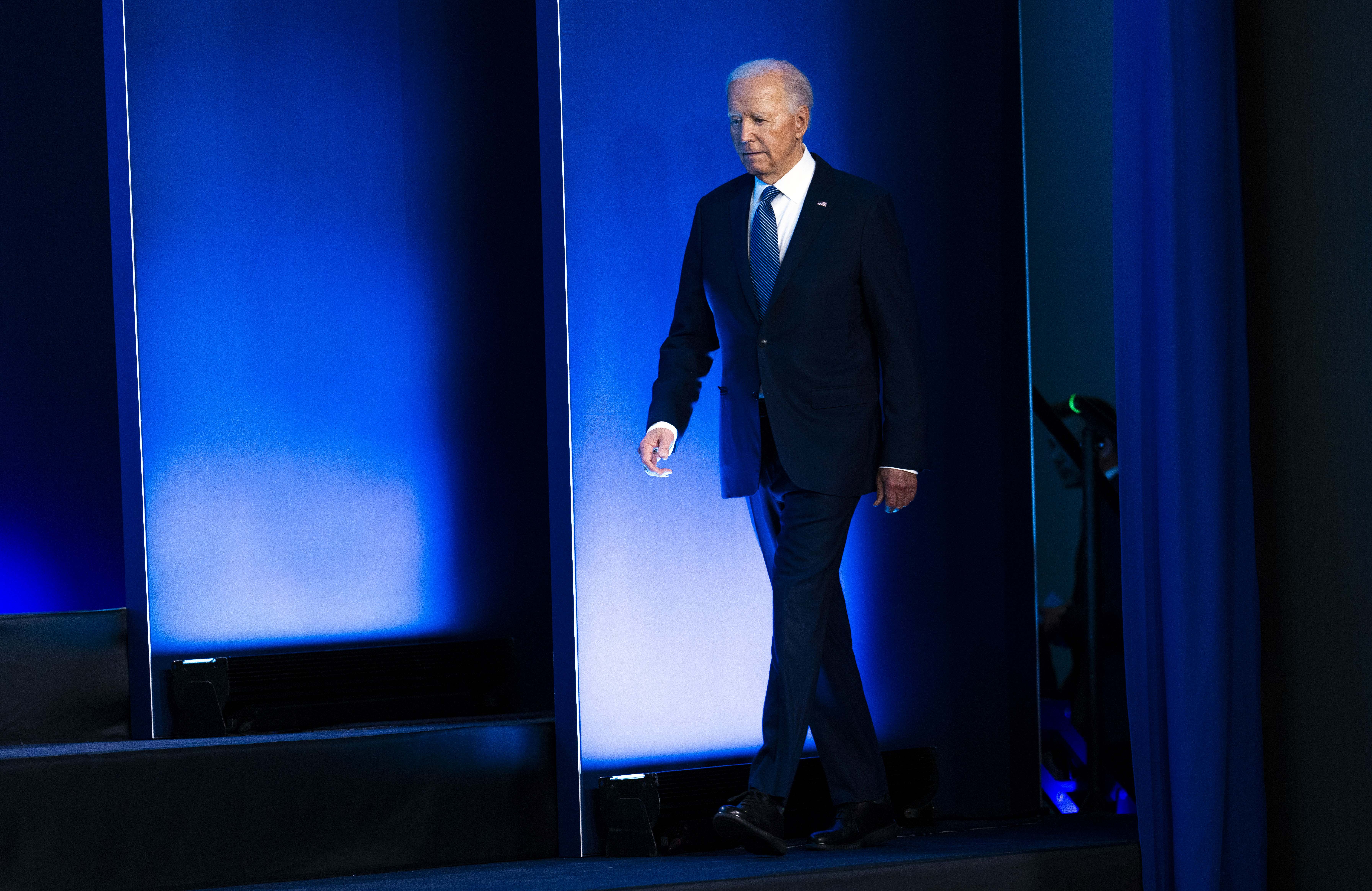 US President Joe Biden arrives on stage for a family photo with Nato leaders during the Nato summit at the Walter E. Washington Convention Center in Washington. Photo / Doug Mills, The New York Times