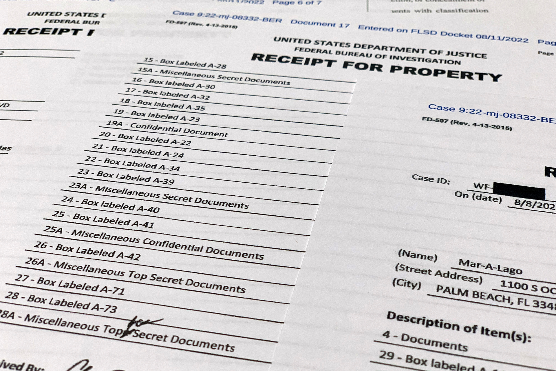 The receipt for property at Donald Trump's estate seized by the FBI. Photo / AP