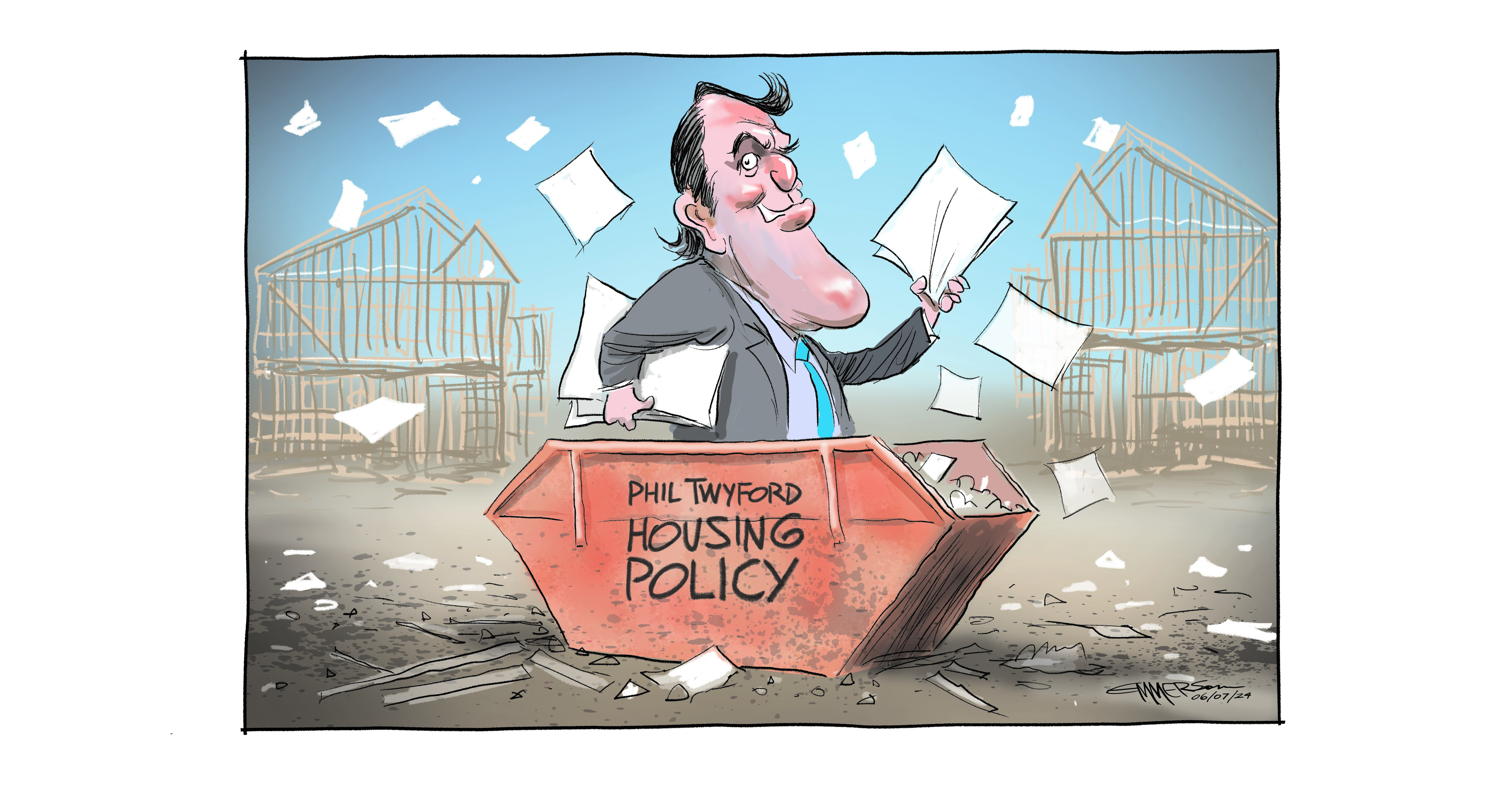 Chris Bishop announces a new housing policy that will, among other things, allow the market - not councils - to decide minimum size of floor areas and apartment sizes. Illustration / Rod Emmerson 