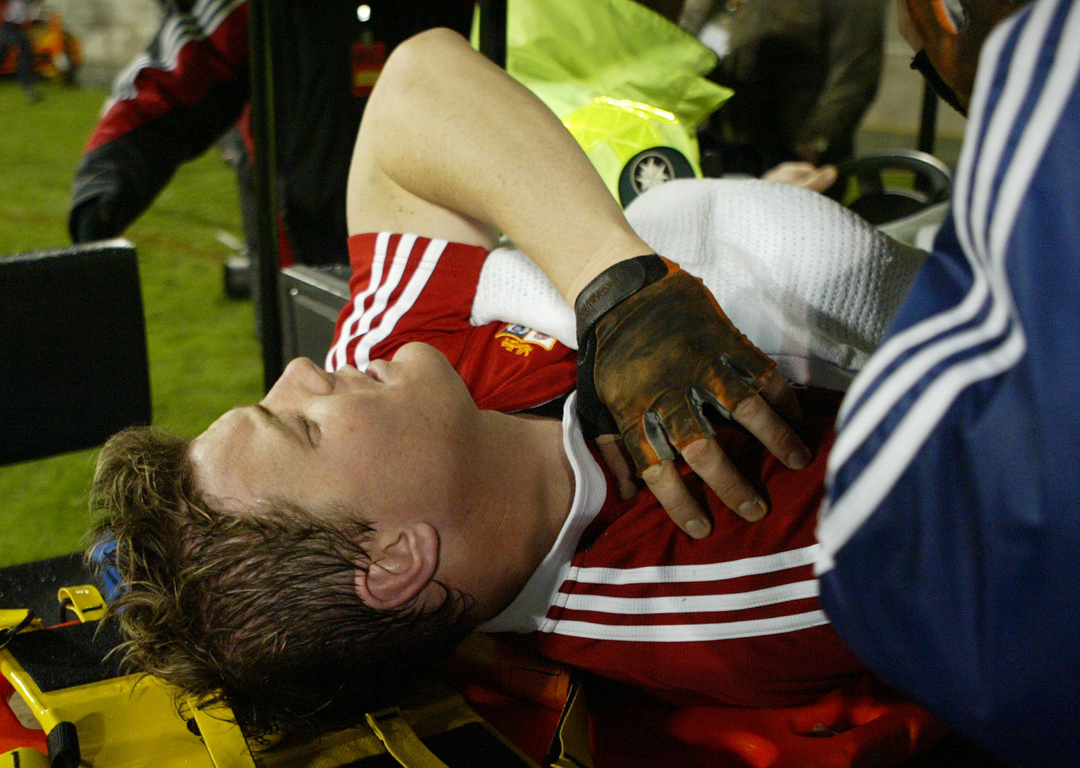 Lions captain Brian O'Driscoll is carted off the field after being seriously injured in the first test of the Lions' 2005 tour of New Zealand. Photo / Mark Mitchell