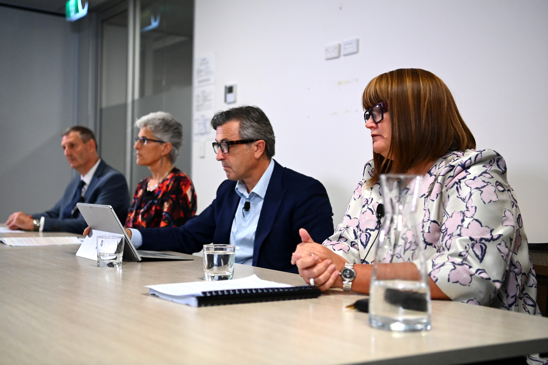 Cycling NZ board chairman Phil Holden, Professor Sarah Leberman, Michael Heron QC and HPSNZ CEO Raelene Castle at the release of the Heron/Leberman report. Photo / Hannah Peters