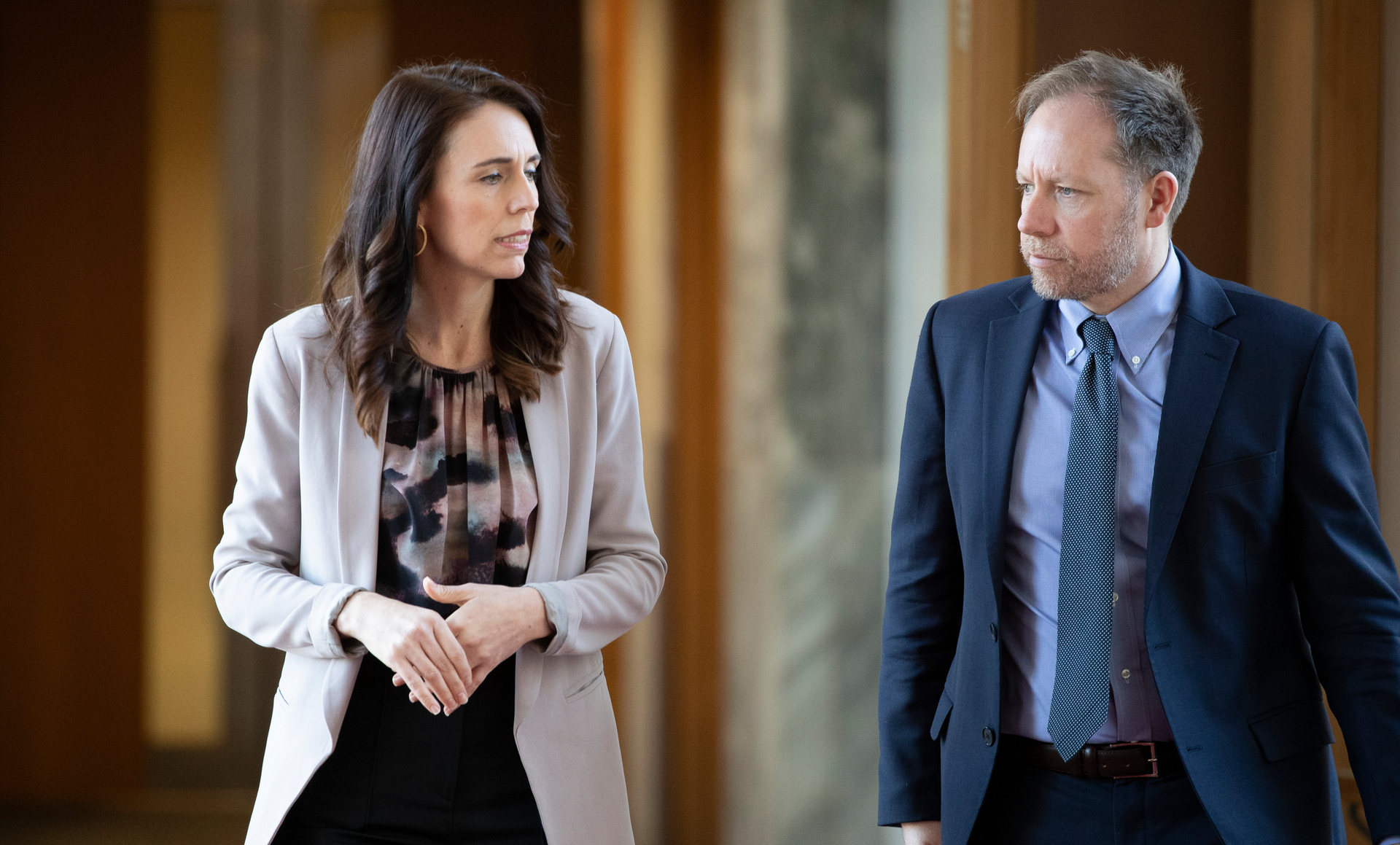 PM Jacinda Ardern and her chief press secretary, Andrew Campbell, arrive at a press conference in 2020. Photo / Mark Mitchell