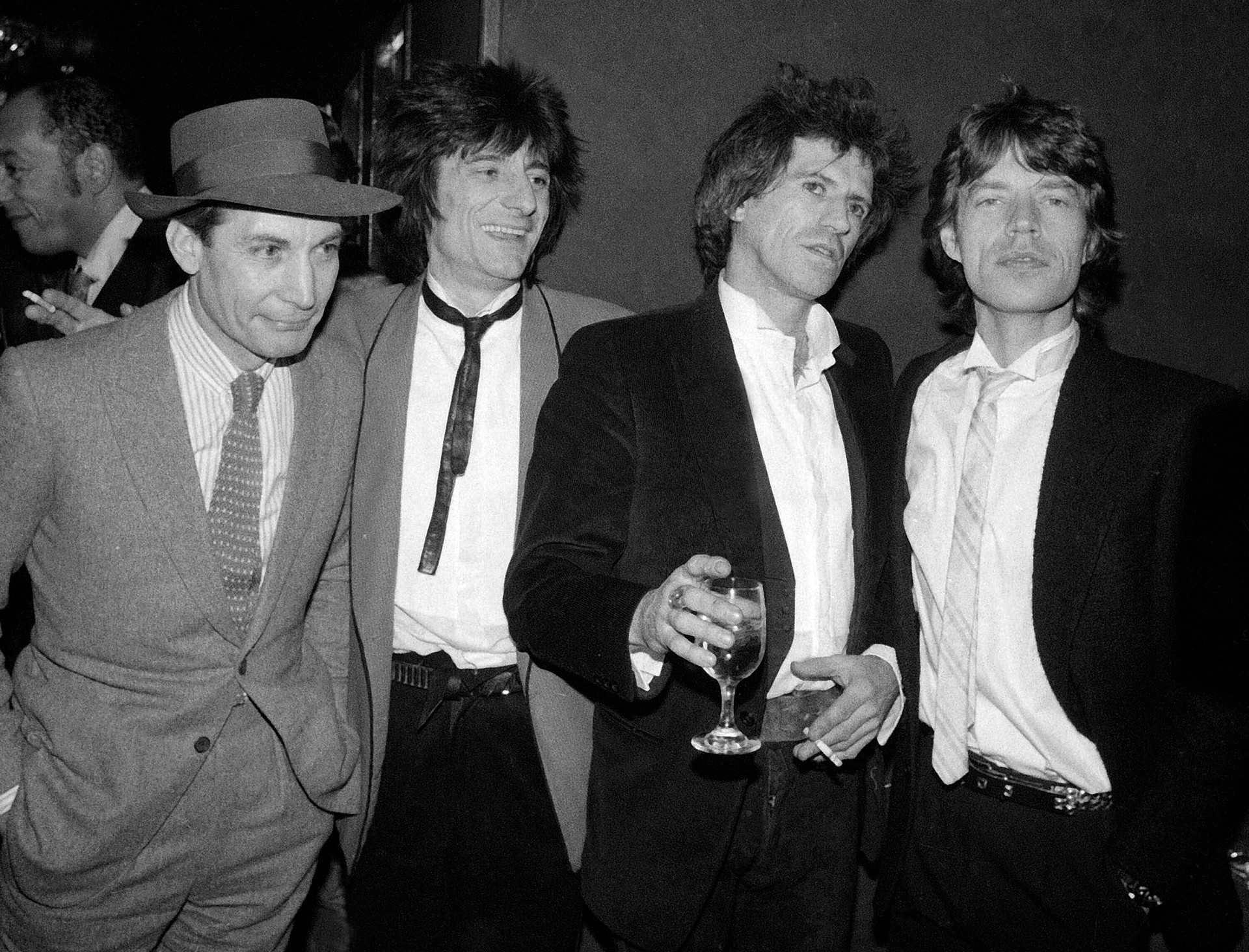 Charlie Watts, Ron Wood, Keith Richards, and Mick Jagger appear at a party celebrating the opening of their film Let's Spend The Night Together in New York on January 18, 1983. Photo / AP