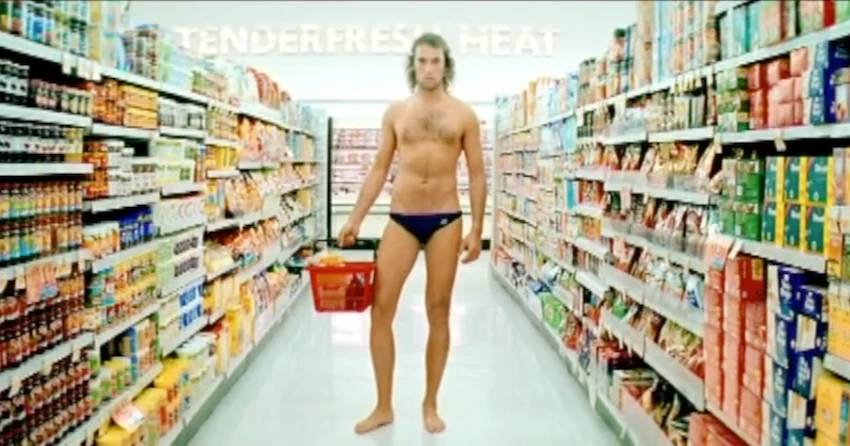 Tip Top's famous 'togs, togs, undies' ad. The first shot of the day was inside a supermarket. Photo / Youtube