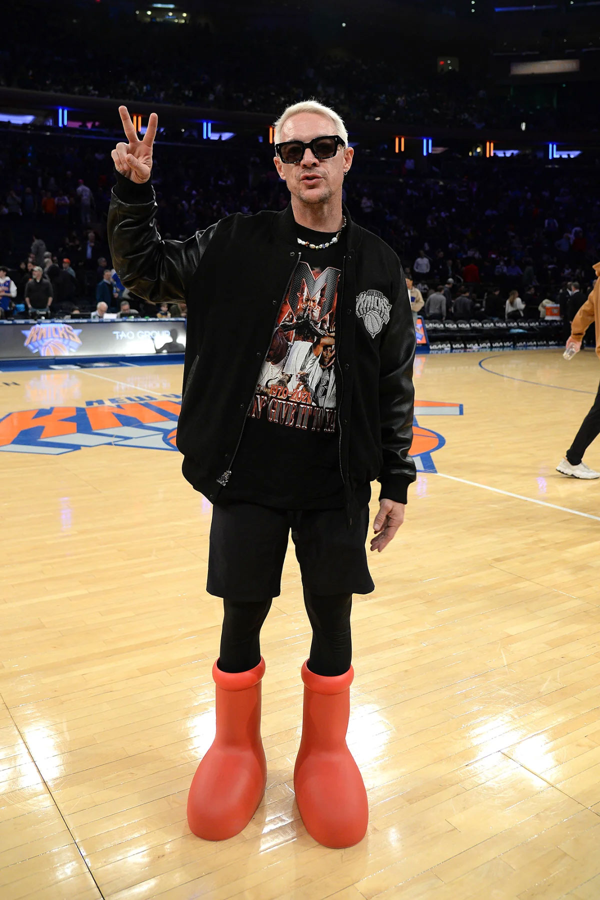 Diplo wearing the MSCHF Big Red Boots at a New York Knicks game in February. Photo / Getty Images