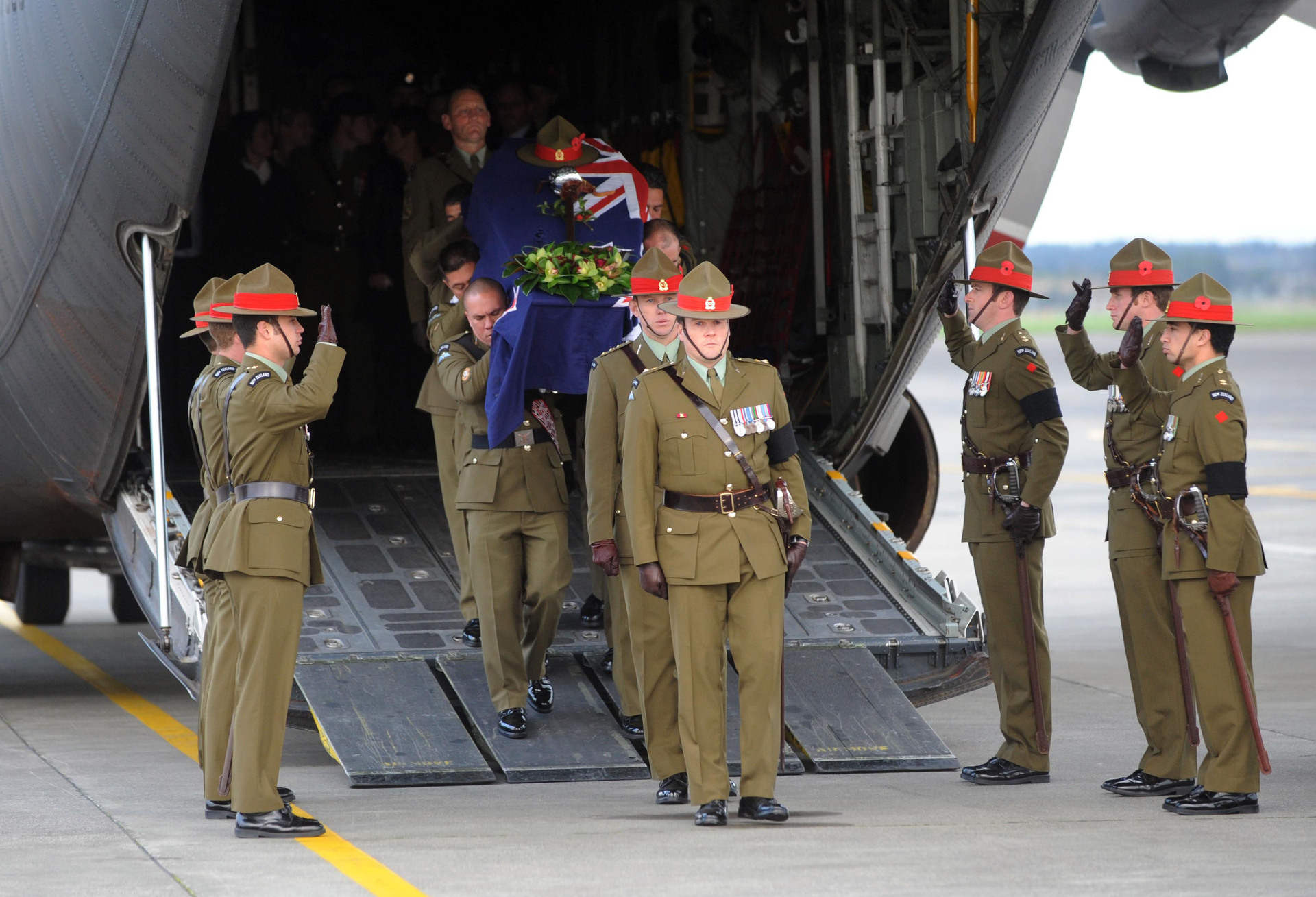 The casket bearing the body of Lieutenant Tim O'Donnell arriving back in New Zealand in August 2010. Photo / File
