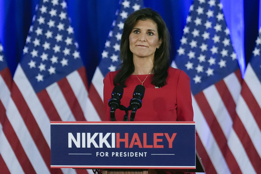 Former UN Ambassador Nikki Haley speaks during a news conference in March. Photo / AP