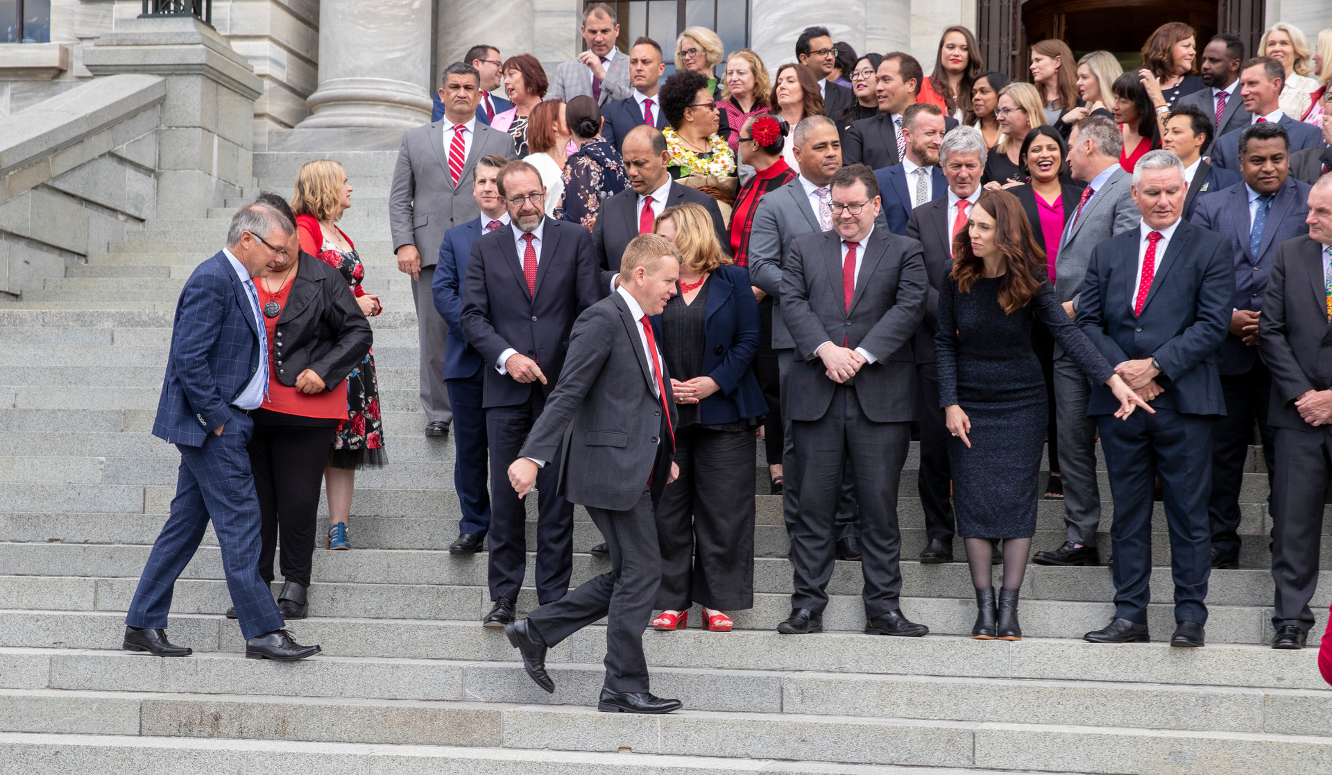 Ministers David Parker and Chris Hipkins arriving late for the Labour caucus official photograph at Parliament at the beginning of the last term. Photo / Mark Mitchell