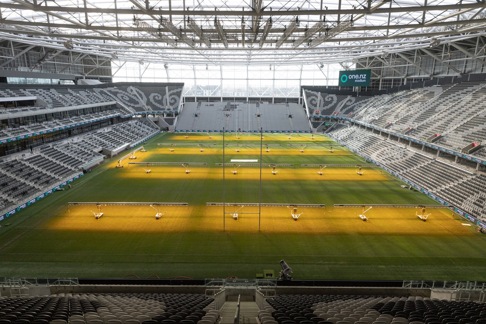 One NZ stadium in Christchurch with a temporary stand at the northern end to increase capacity to 30,000 for the All Blacks v France test on Saturday. Photo / Anna Heath. 