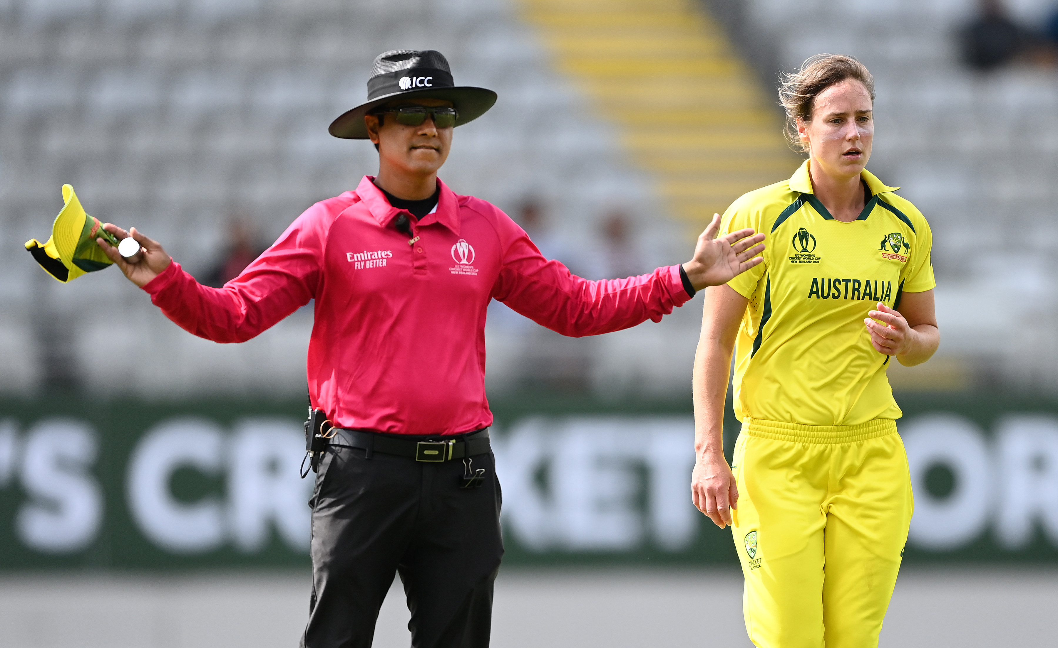 ICC umpire Sharfuddoula signals a wide on the bowling of Australia's Ellyse Perry. Photo / Photosport
