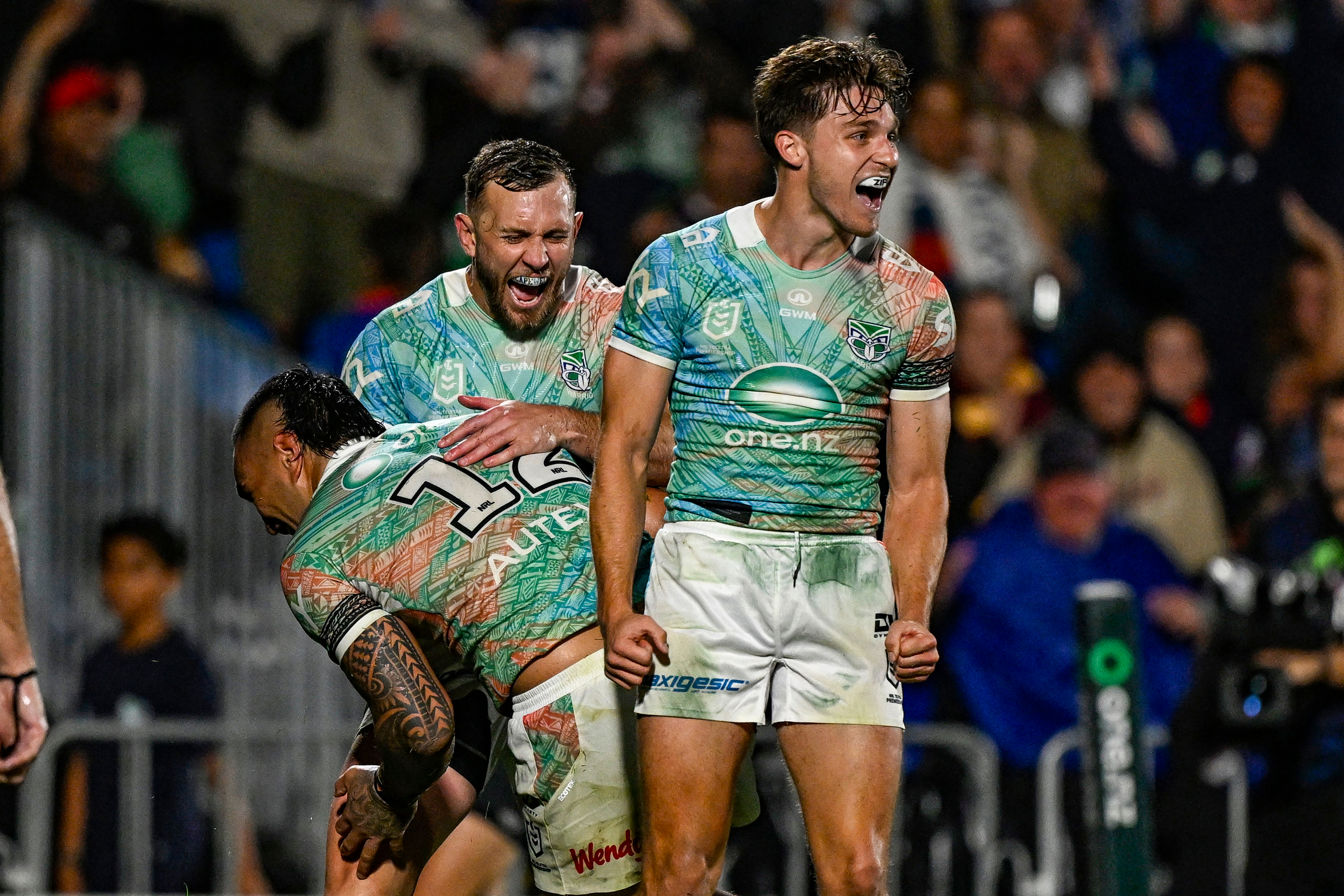 Luke Metcalf celebrates his winning penalty goal against the Brisbane Broncos. Photo / Photosport