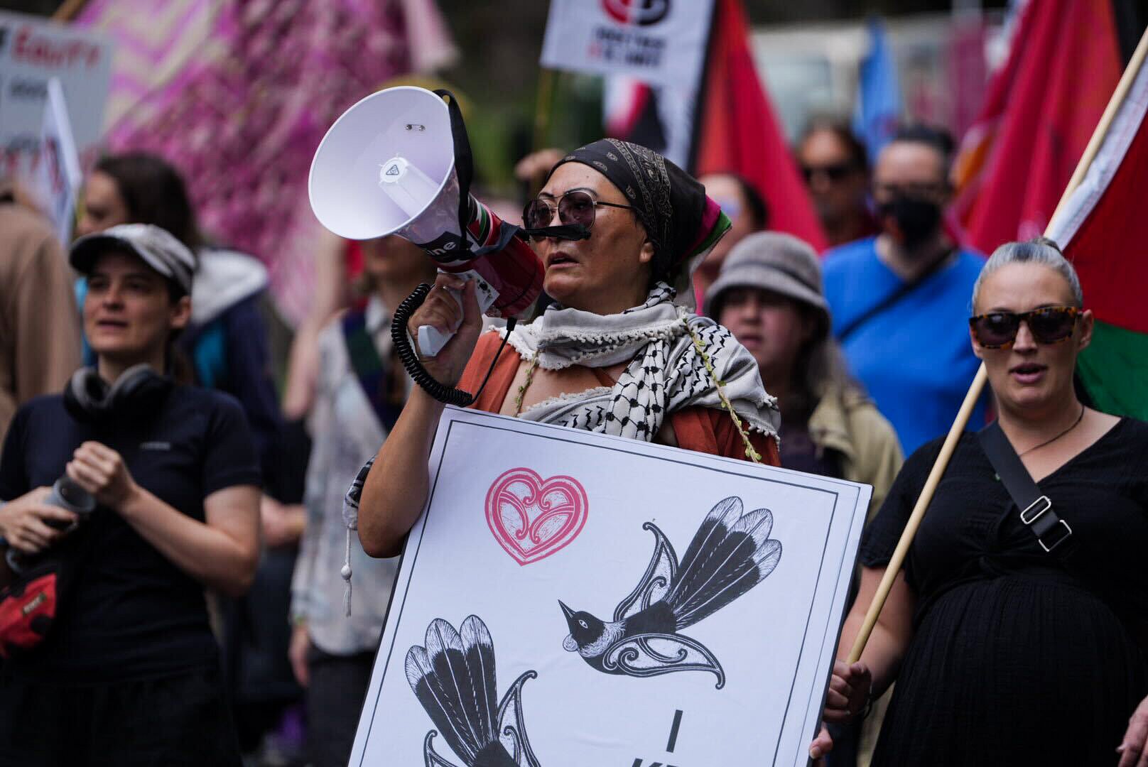 People gathered outside the Act offices in Epsom protesting against the introduction of the Treaty Principles Bill. Photo / Carson Bluck 