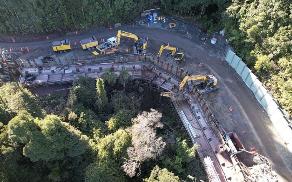 Anchors securing the wall deep into the hillside are installed at slip site A12. Photo / Supplied, Waka Kotahi