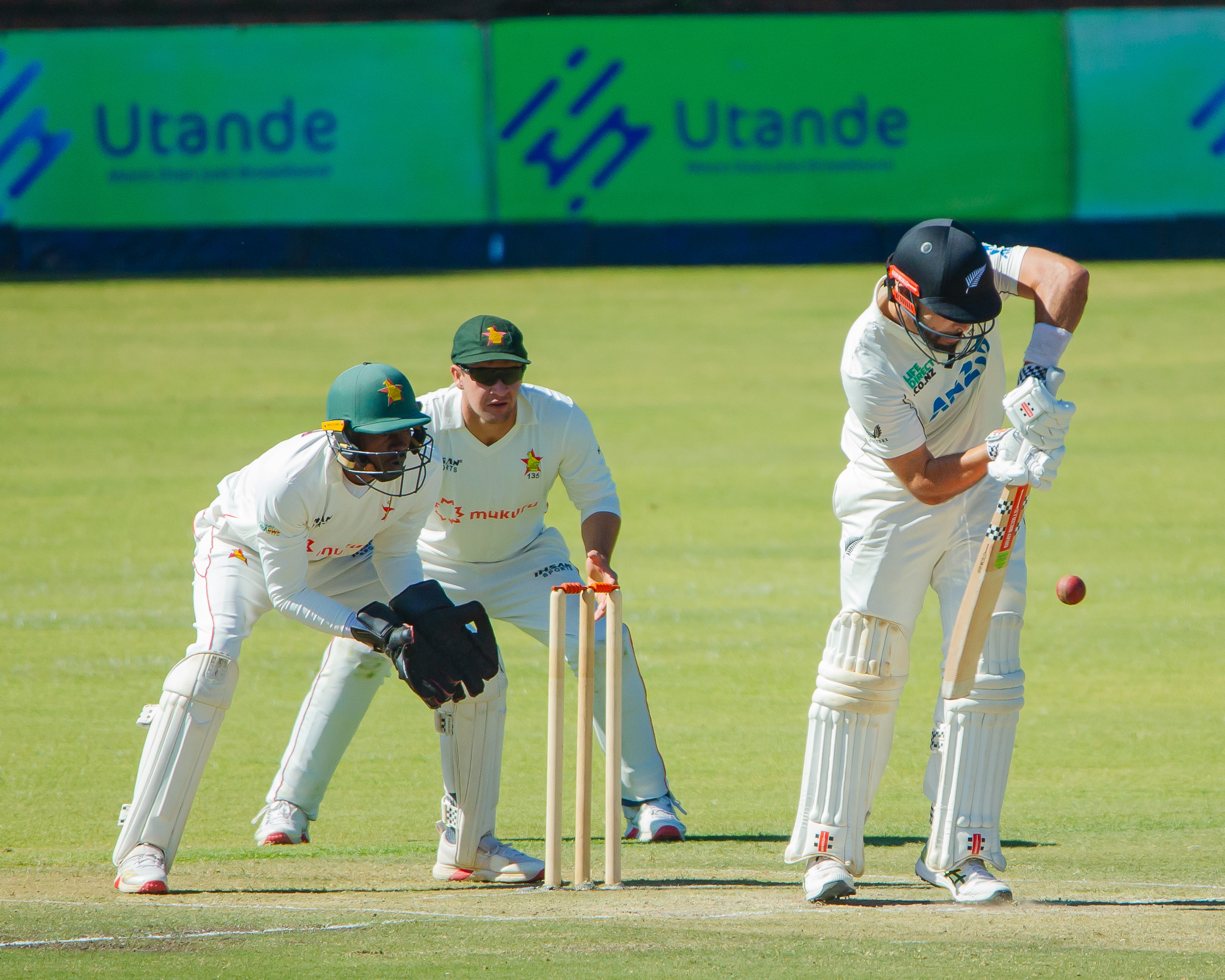 Daryl Mitchell defends on day two of the first test between the Black Caps and Zimbabwe in Bulawayo. Photo / Zimbabwe Cricket.