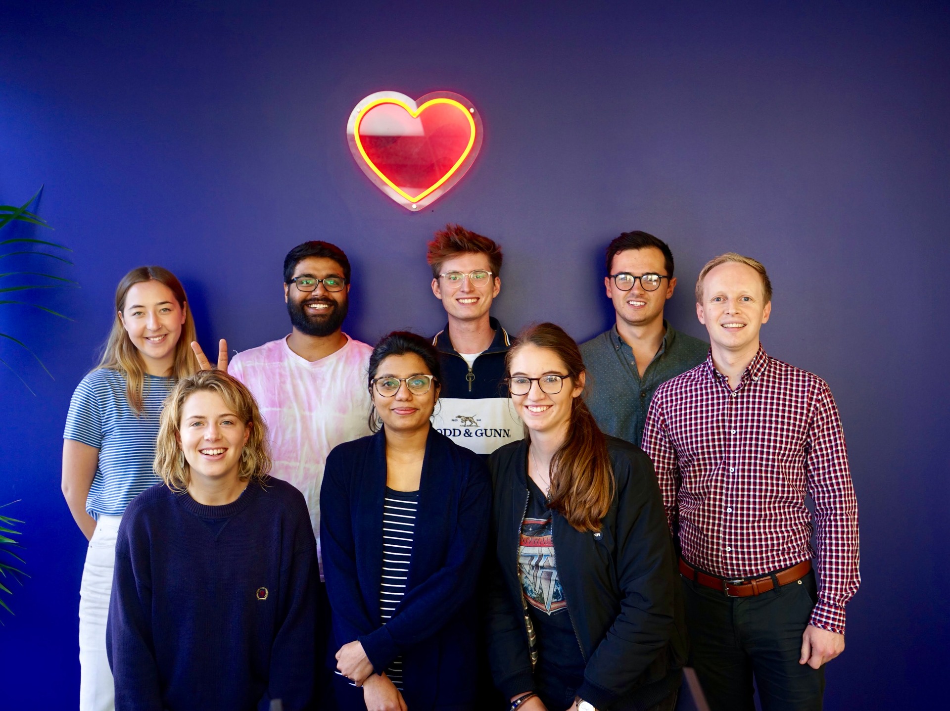 Will Hewitt (centre, rear) with some of his new hires. HeartLab has expanded from three to 13, and begun a trial with the Waitematā DHB, since it raised $1.1m in October. Photo / Supplied