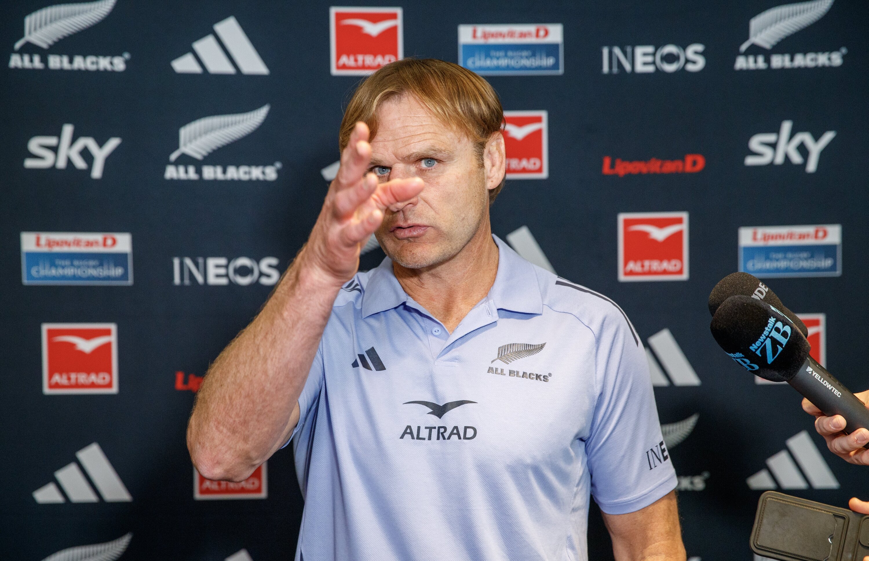 All Blacks head coach Scott Robertson has cut a tense figure while fielding probes about his team this week. Photo / Mark Mitchell 