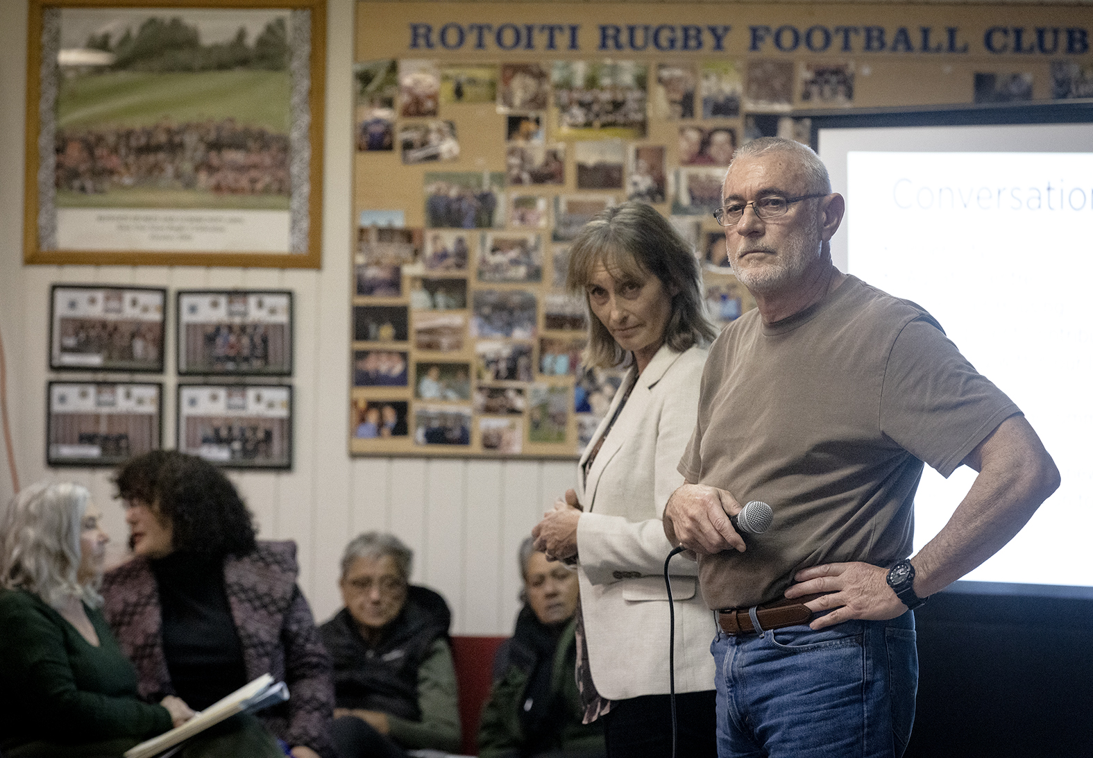 Rotorua Lakes councillor Karen Barker and infrastructure and environment general manager Stavros Michael at the community hui in Rotoiti. Photo / Andrew Warner