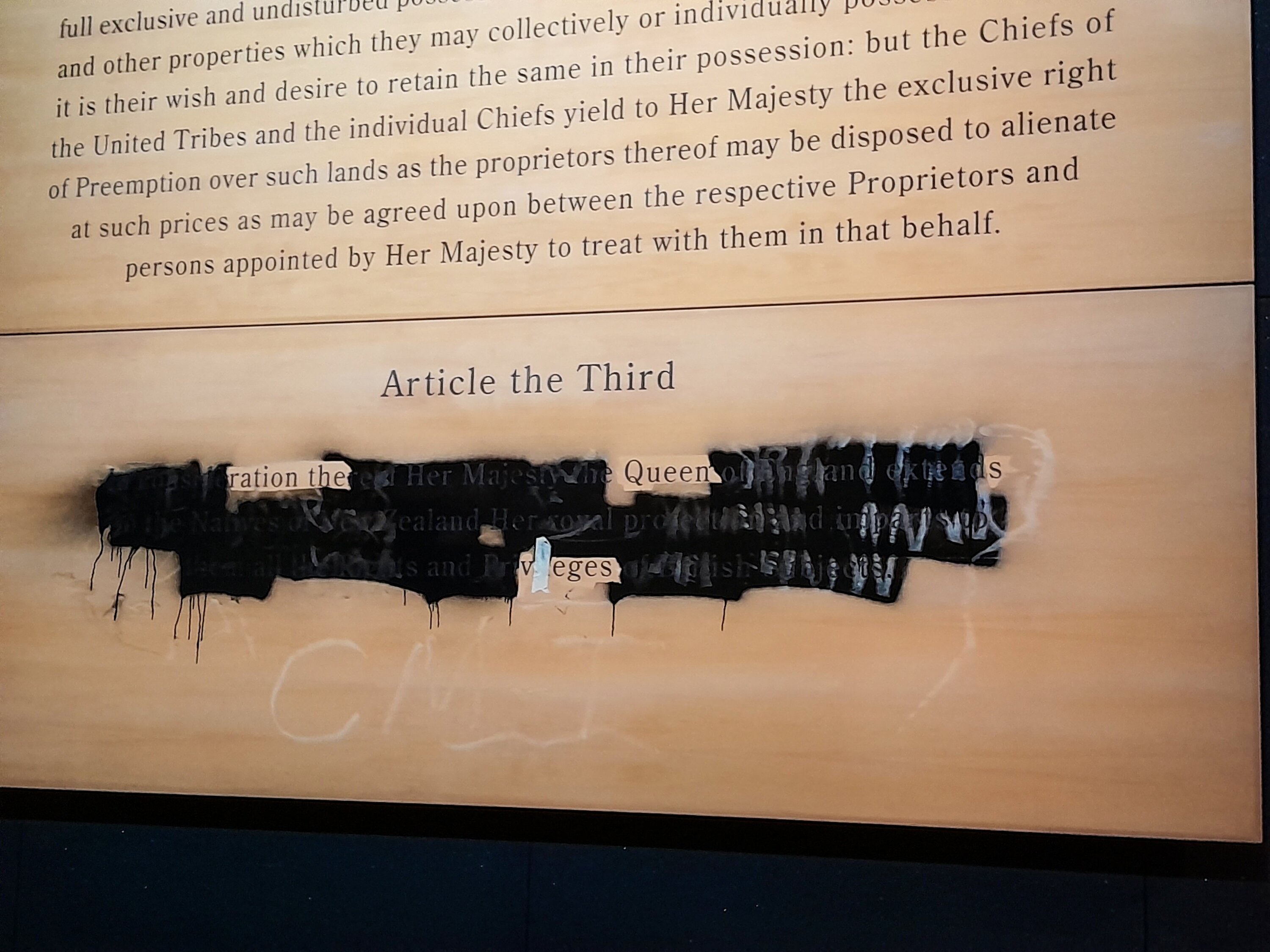 Some of the damage to the Treaty of Waitangi exhibition. 