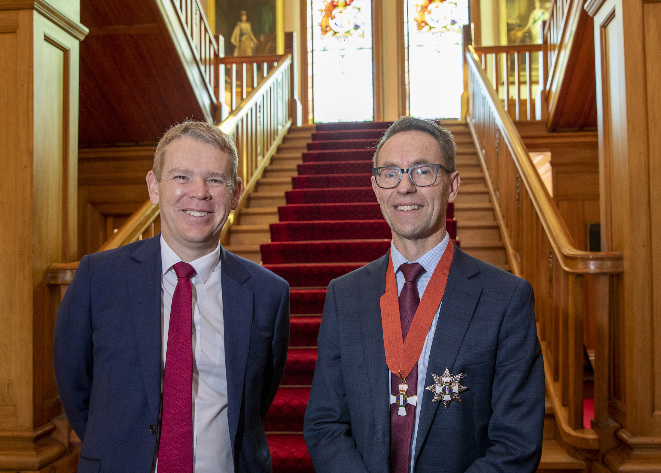 Sir Ashley Bloomfield with Prime Minister Chris Hipkins after his investiture at Government House, Wellington. Photo / Mark Mitchell